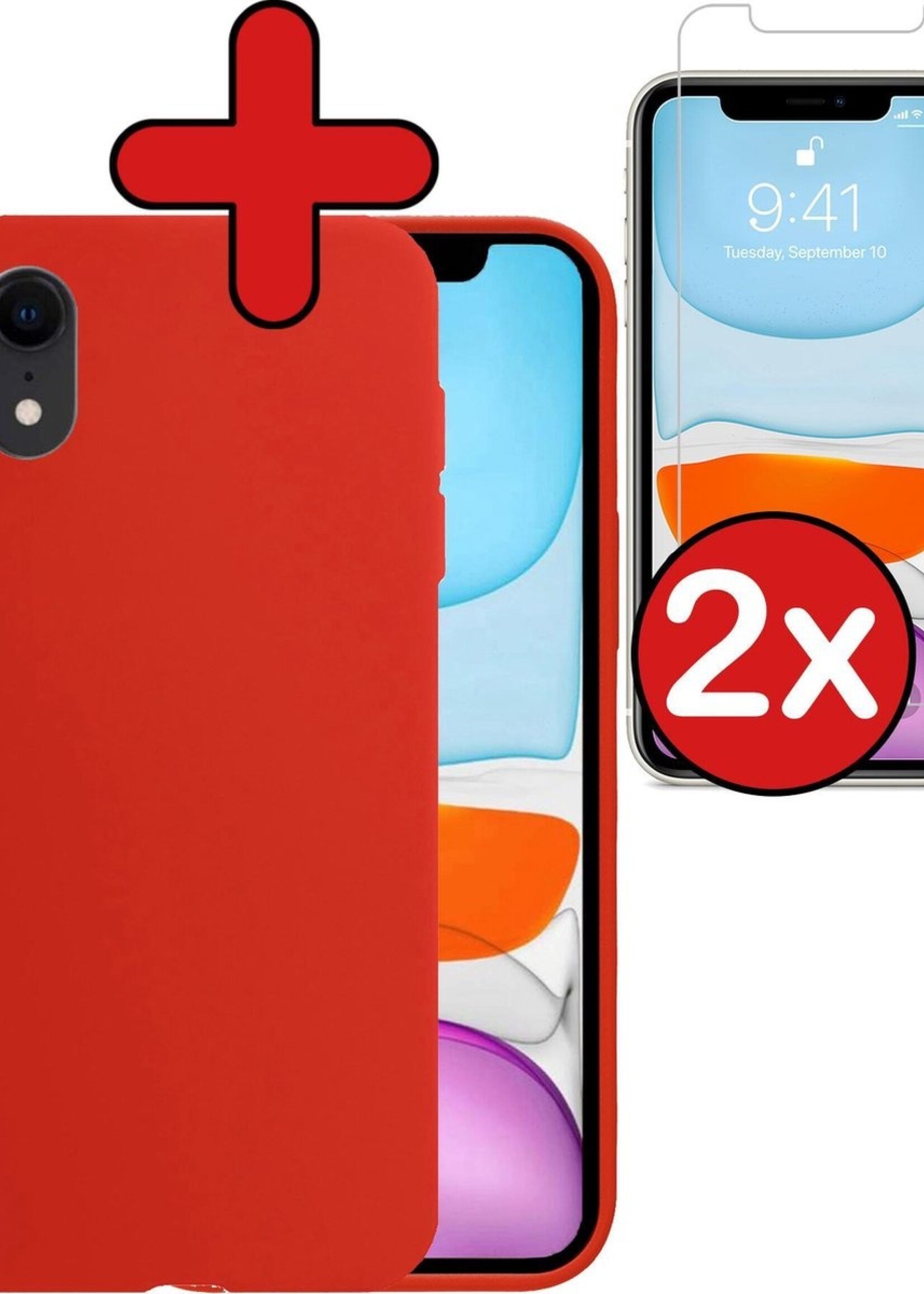 BTH Hoesje Geschikt voor iPhone XR Hoesje Siliconen Case Hoes Met 2x Screenprotector - Hoes Geschikt voor iPhone XR Hoes Cover Case - Rood