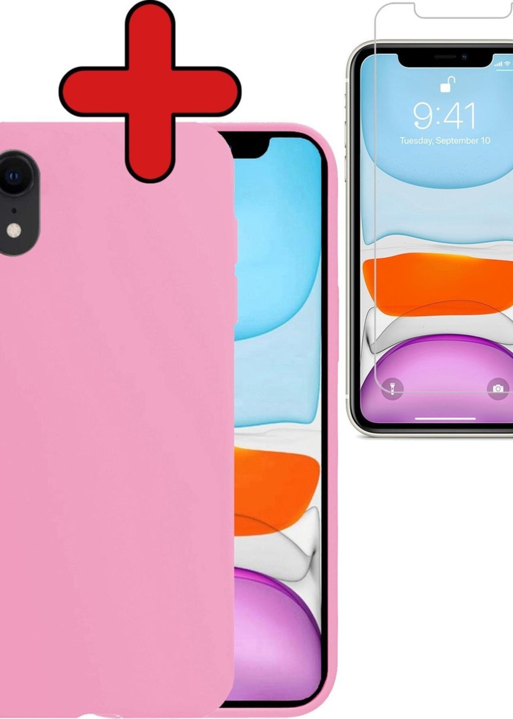 BTH Hoesje Geschikt voor iPhone XR Hoesje Siliconen Case Hoes Met Screenprotector - Hoes Geschikt voor iPhone XR Hoes Cover Case - Lichtroze