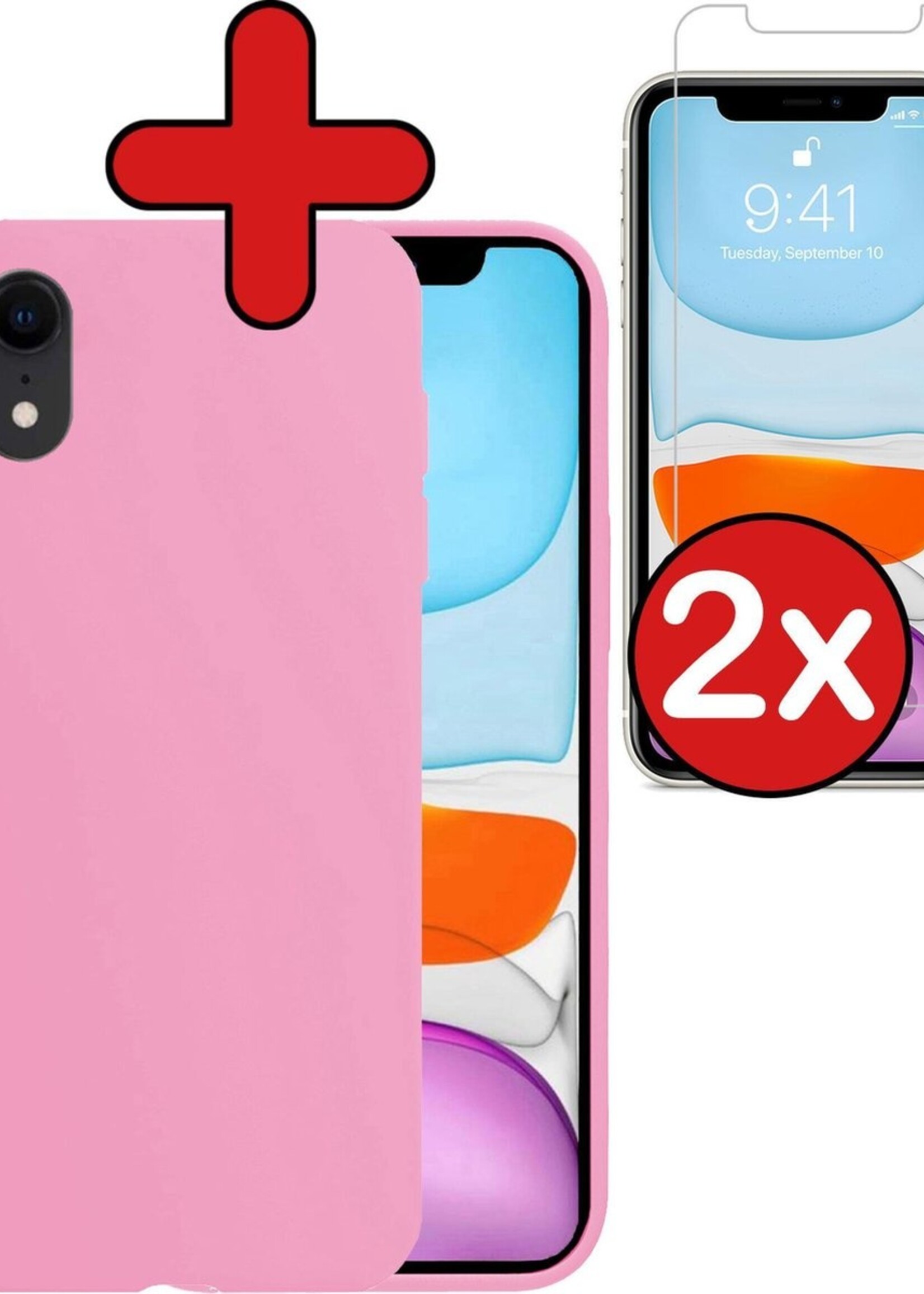 BTH Hoesje Geschikt voor iPhone XR Hoesje Siliconen Case Hoes Met 2x Screenprotector - Hoes Geschikt voor iPhone XR Hoes Cover Case - Lichtroze
