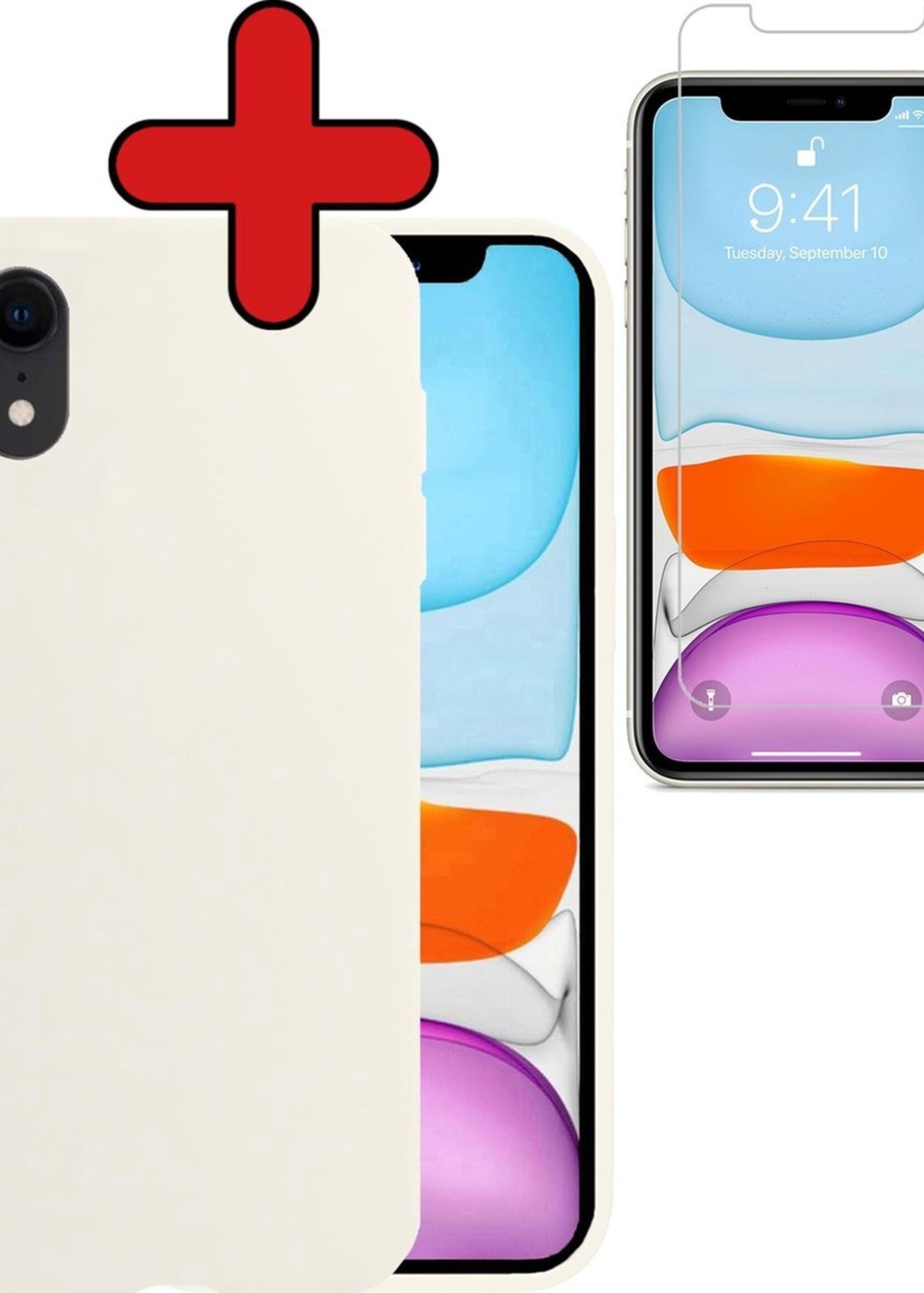 BTH Hoesje Geschikt voor iPhone XR Hoesje Siliconen Case Hoes Met Screenprotector - Hoes Geschikt voor iPhone XR Hoes Cover Case - Wit