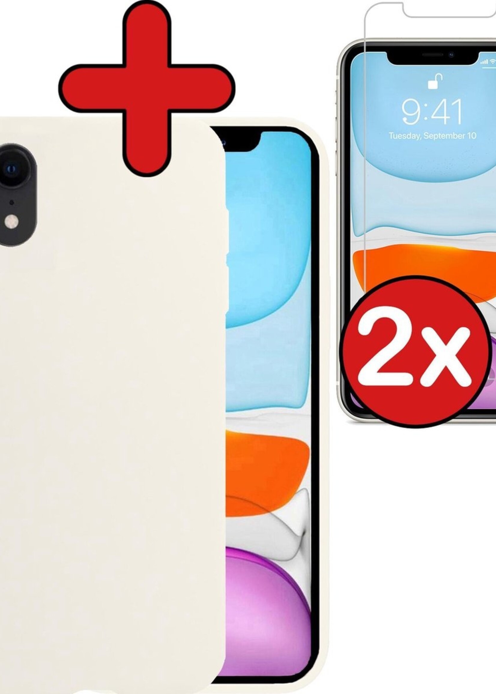 BTH Hoesje Geschikt voor iPhone XR Hoesje Siliconen Case Hoes Met 2x Screenprotector - Hoes Geschikt voor iPhone XR Hoes Cover Case - Wit