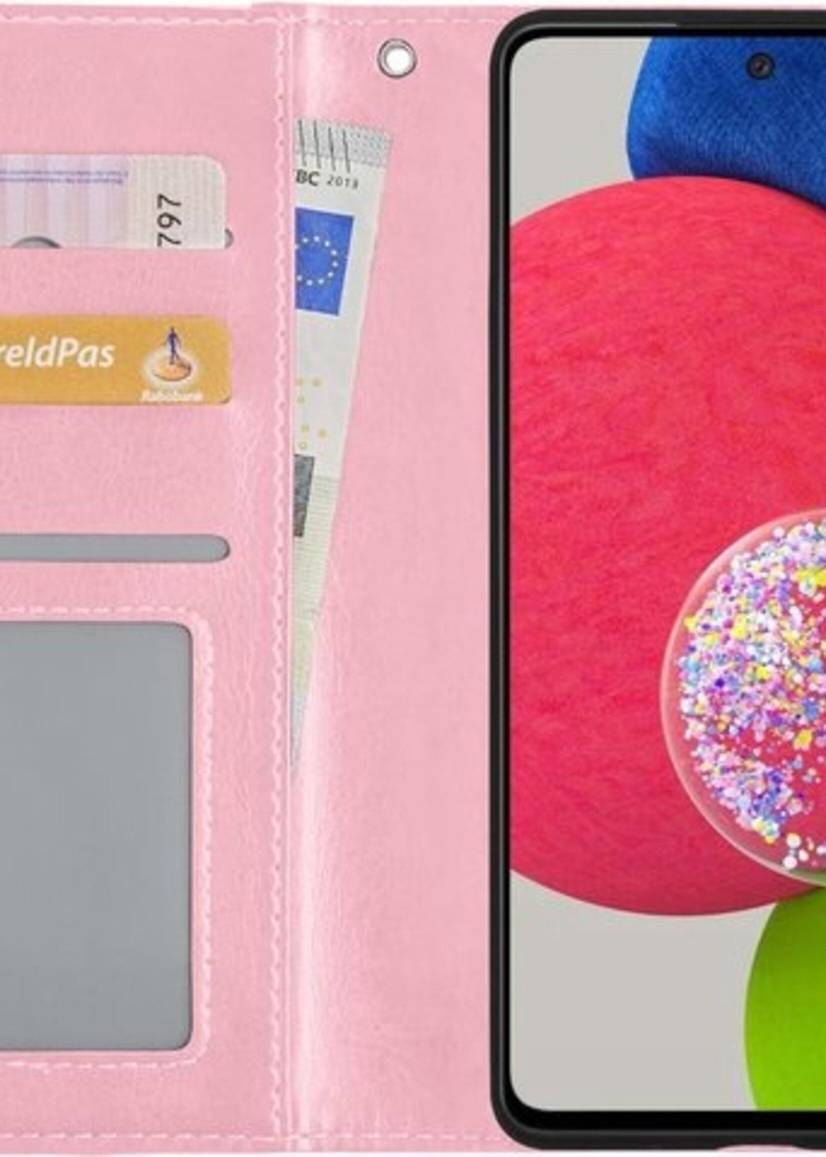 BTH Hoesje Geschikt voor Samsung A52s Hoesje Book Case Hoes Portemonnee Cover Walletcase Met 2x Screenprotector - Hoes Geschikt voor Samsung Galaxy A52s 5G Hoes Bookcase Hoesje - Lichtroze