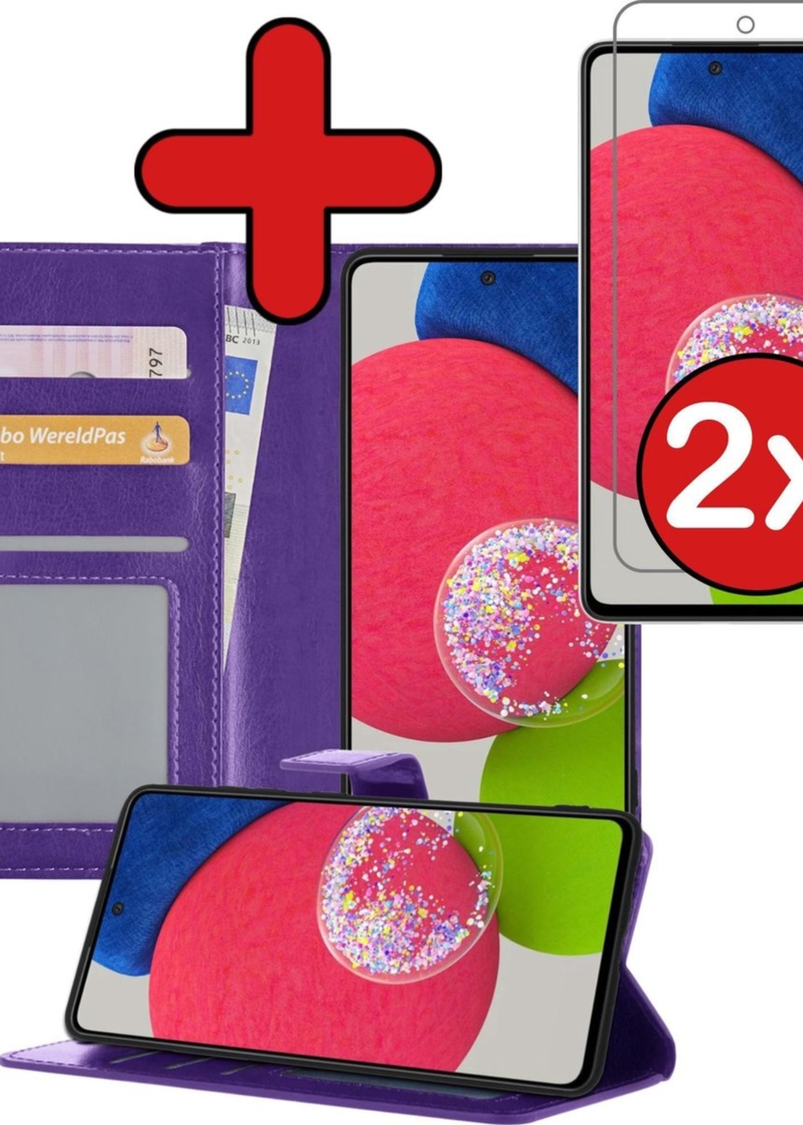 BTH Hoesje Geschikt voor Samsung A52s Hoesje Book Case Hoes Portemonnee Cover Walletcase Met 2x Screenprotector - Hoes Geschikt voor Samsung Galaxy A52s 5G Hoes Bookcase Hoesje - Paars