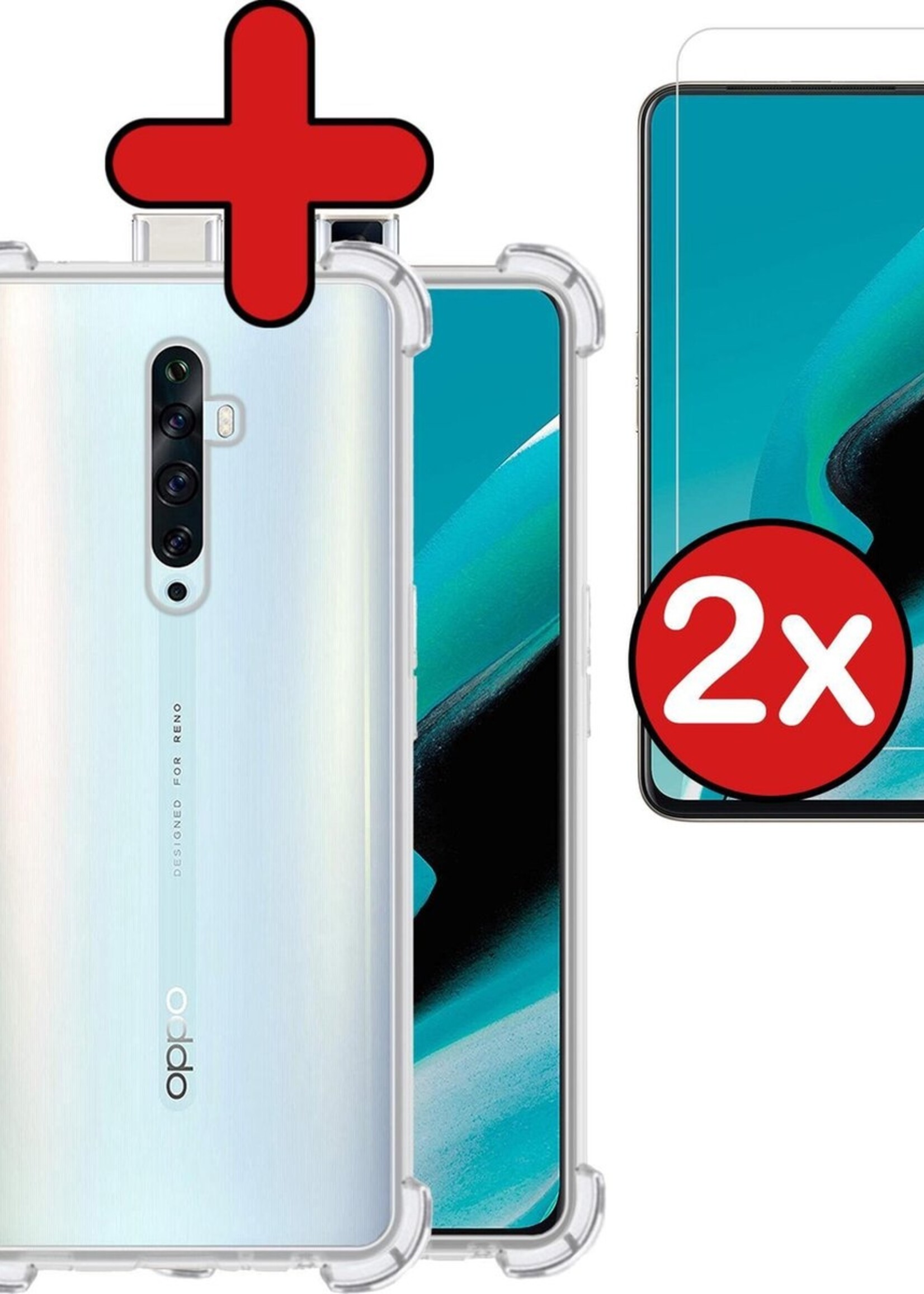 BTH Hoesje Geschikt voor OPPO Reno 2Z Hoesje Siliconen Shock Proof Case Hoes Met 2x Screenprotector - Hoes Geschikt voor OPPO Reno 2Z Hoes Cover Case Shockproof - Transparant