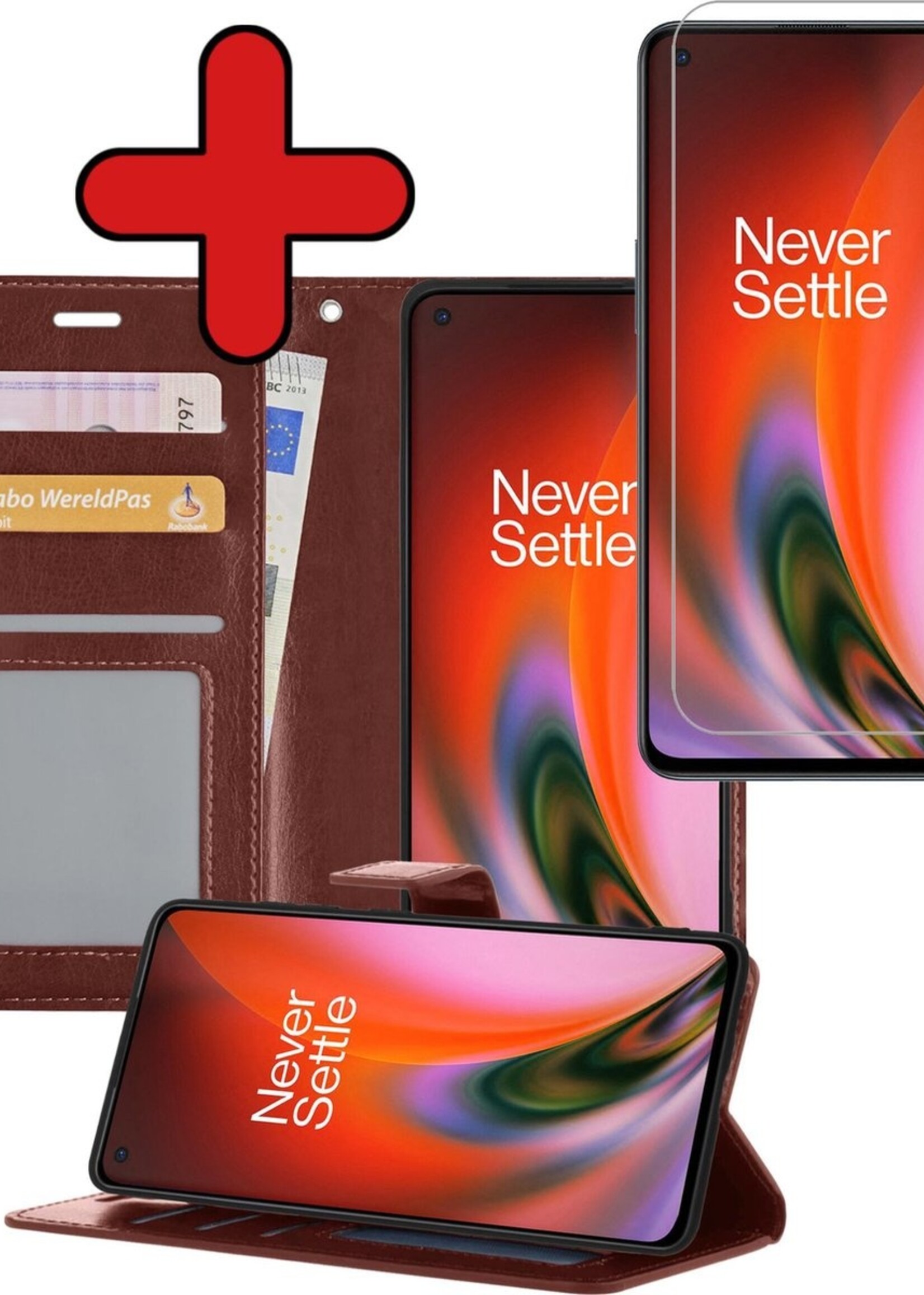 BTH Hoesje Geschikt voor OnePlus Nord 2 Hoesje Book Case Hoes Portemonnee Cover Walletcase Met Screenprotector - Hoes Geschikt voor OnePlus Nord 2 Hoes Bookcase Hoesje - Bruin