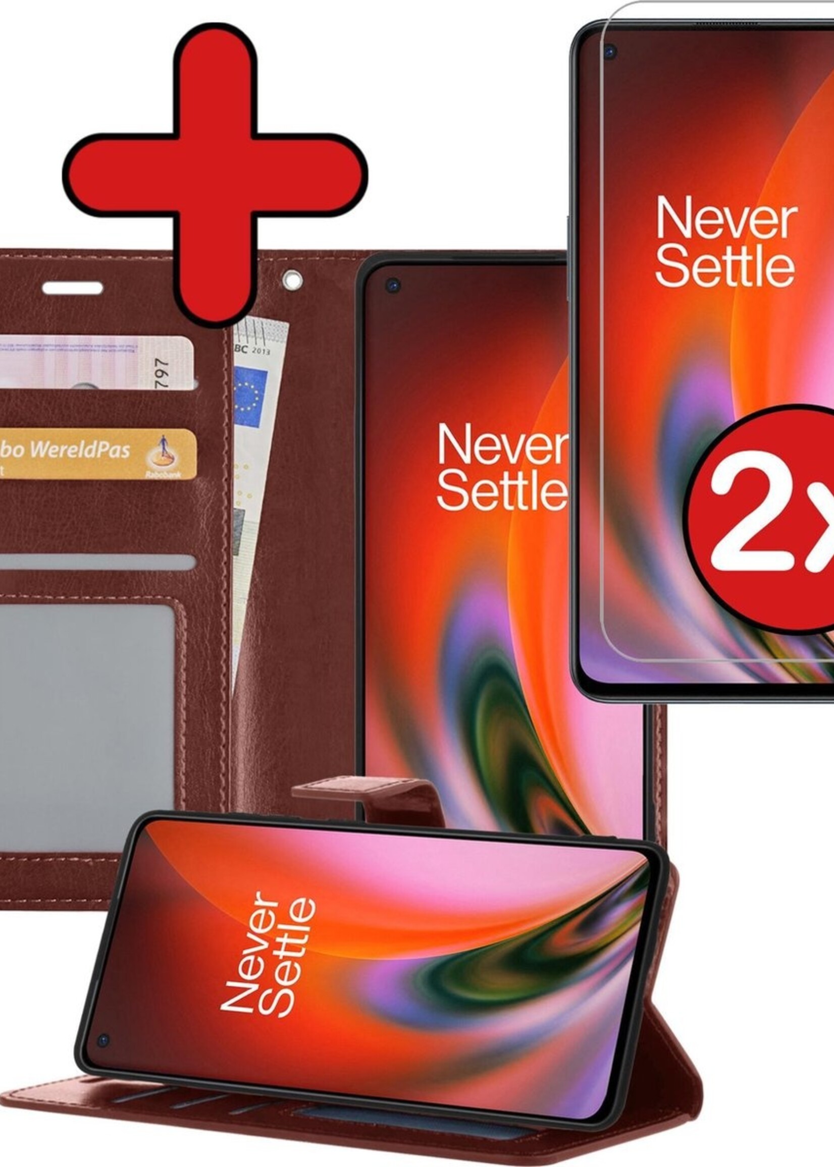 BTH Hoesje Geschikt voor OnePlus Nord 2 Hoesje Book Case Hoes Portemonnee Cover Walletcase Met 2x Screenprotector - Hoes Geschikt voor OnePlus Nord 2 Hoes Bookcase Hoesje - Bruin