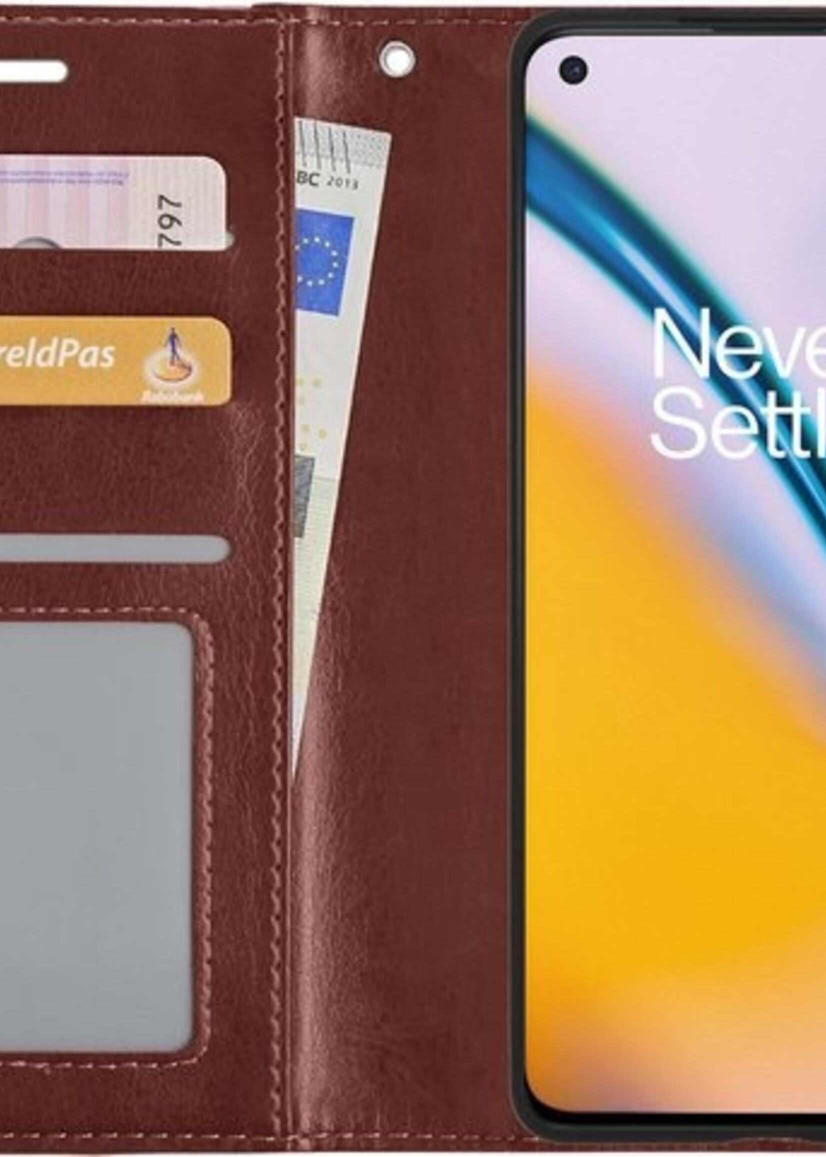 BTH Hoesje Geschikt voor OnePlus Nord 2 Hoesje Book Case Hoes Portemonnee Cover Walletcase Met 2x Screenprotector - Hoes Geschikt voor OnePlus Nord 2 Hoes Bookcase Hoesje - Bruin