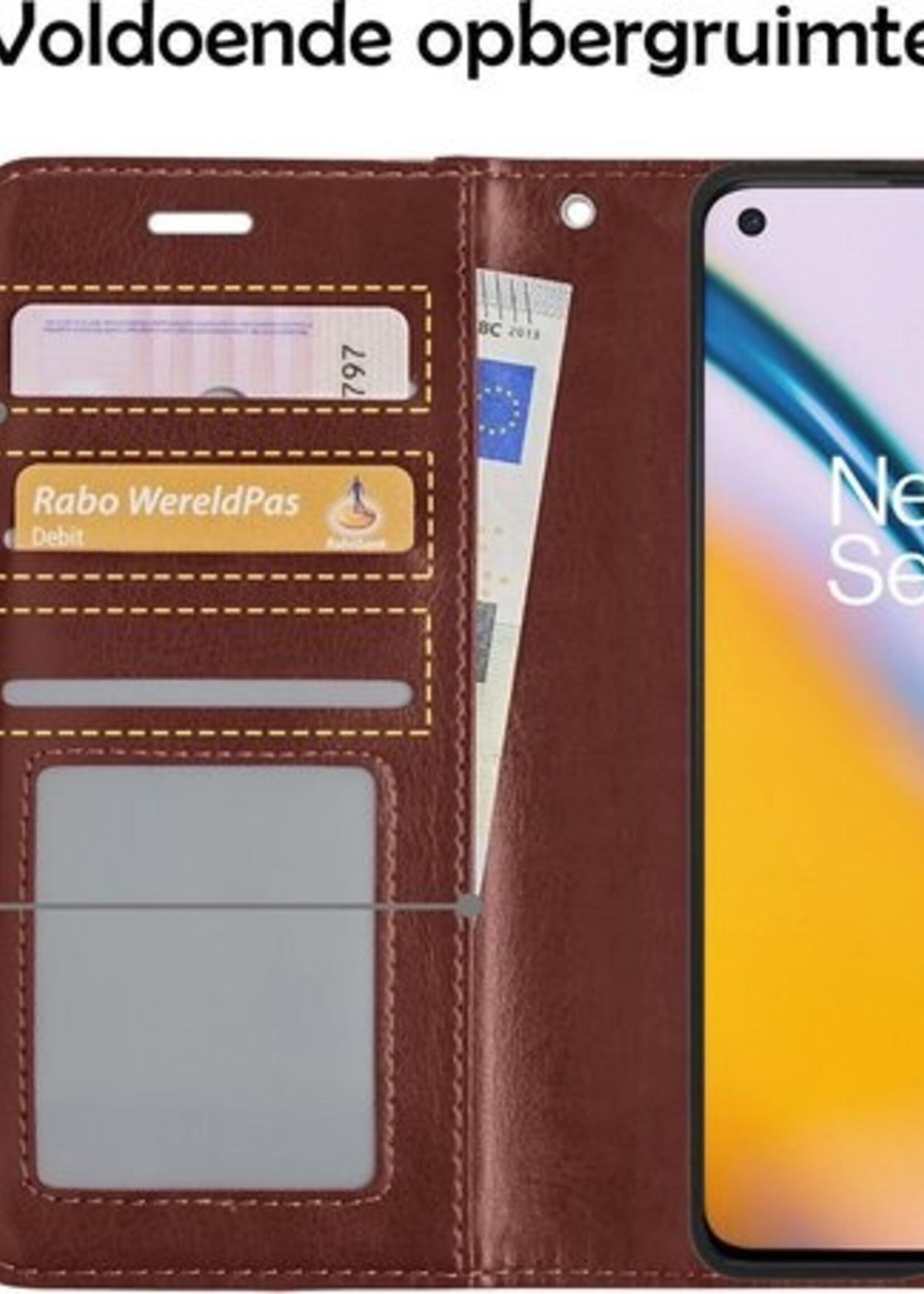 BTH Hoesje Geschikt voor OnePlus Nord 2 Hoesje Book Case Hoes Portemonnee Cover Walletcase Met 2x Screenprotector - Hoes Geschikt voor OnePlus Nord 2 Hoes Bookcase Hoesje - Bruin