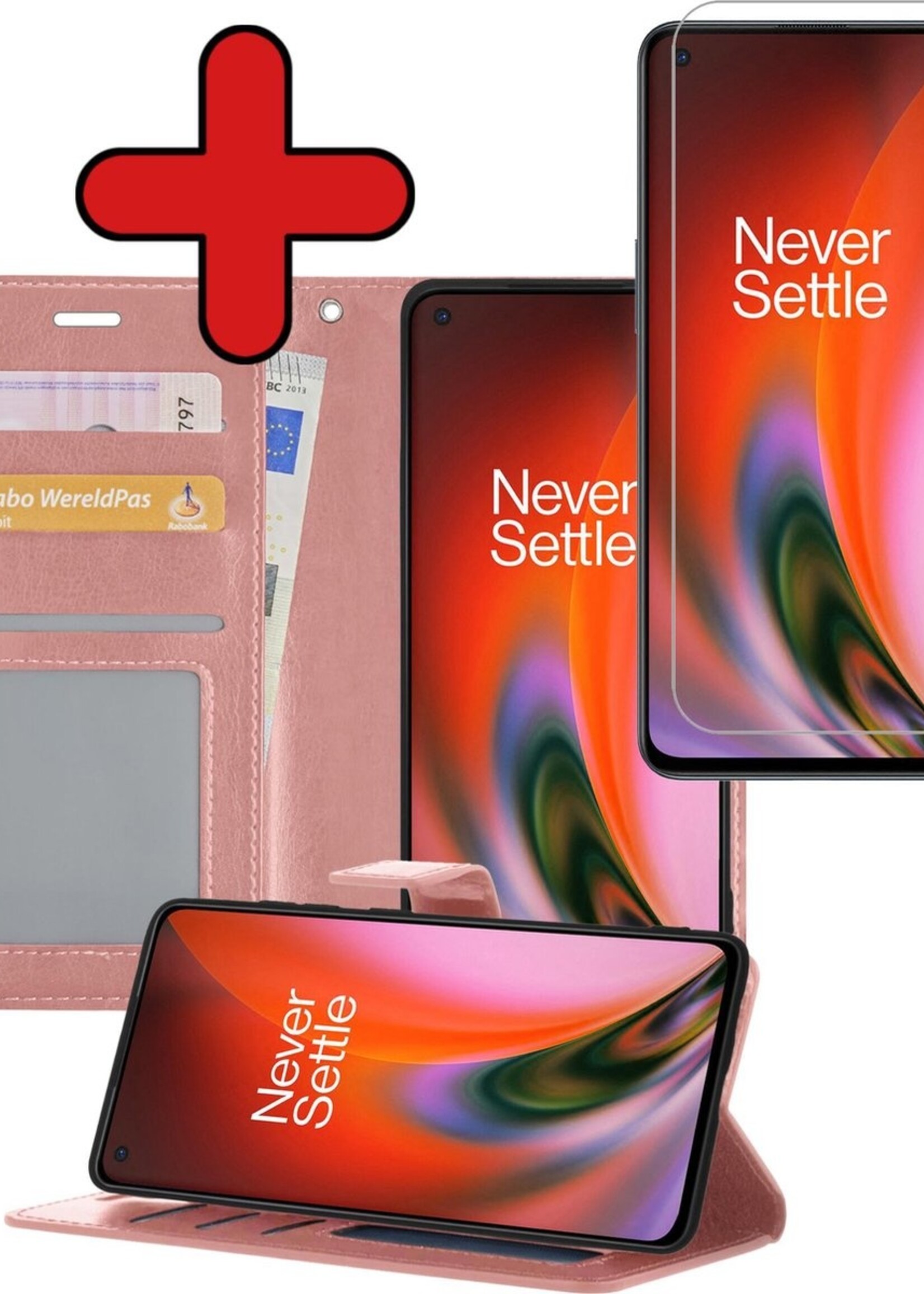 BTH Hoesje Geschikt voor OnePlus Nord 2 Hoesje Book Case Hoes Portemonnee Cover Walletcase Met Screenprotector - Hoes Geschikt voor OnePlus Nord 2 Hoes Bookcase Hoesje - Rosé goud