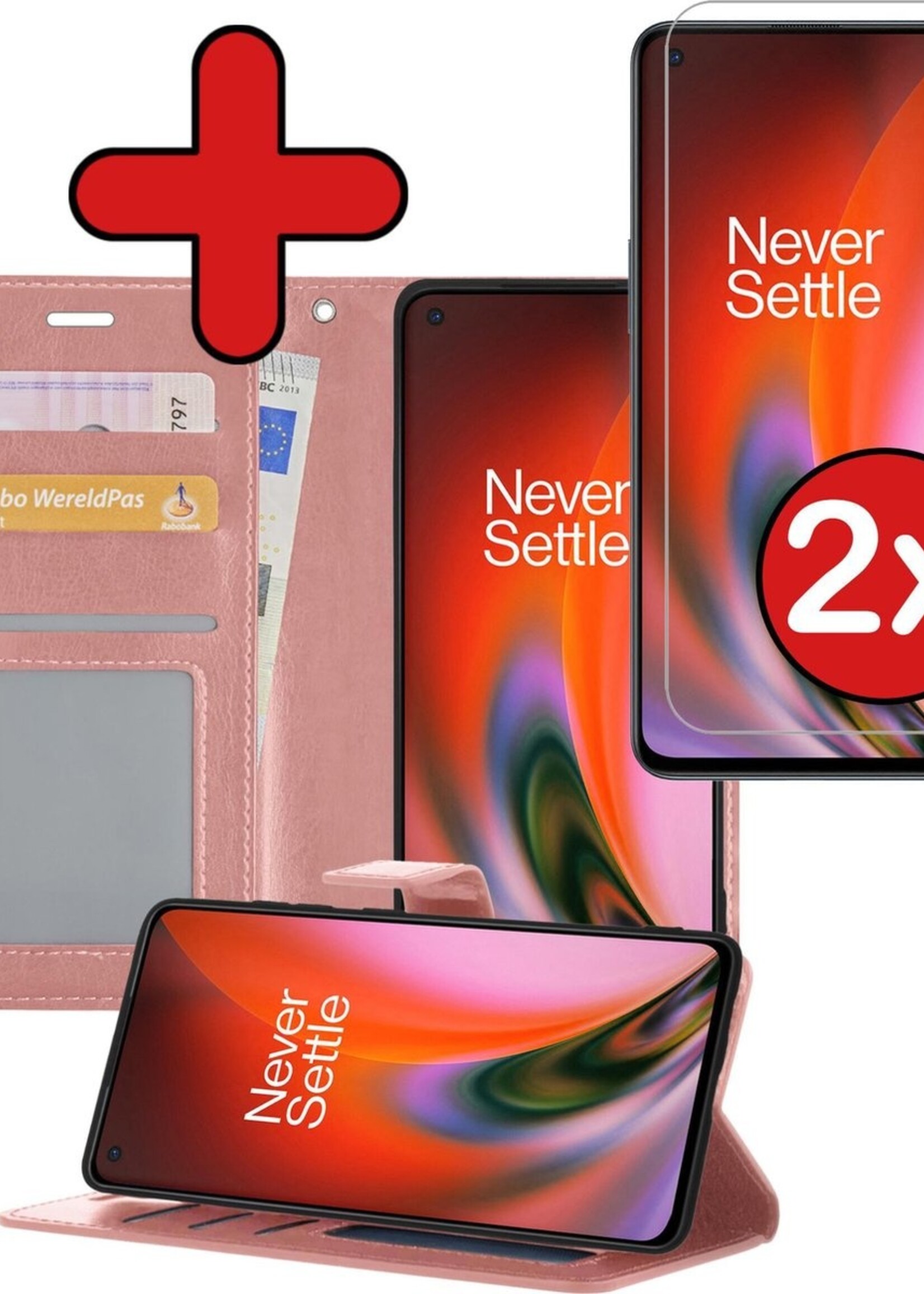 BTH Hoesje Geschikt voor OnePlus Nord 2 Hoesje Book Case Hoes Portemonnee Cover Walletcase Met 2x Screenprotector - Hoes Geschikt voor OnePlus Nord 2 Hoes Bookcase Hoesje - Rosé goud