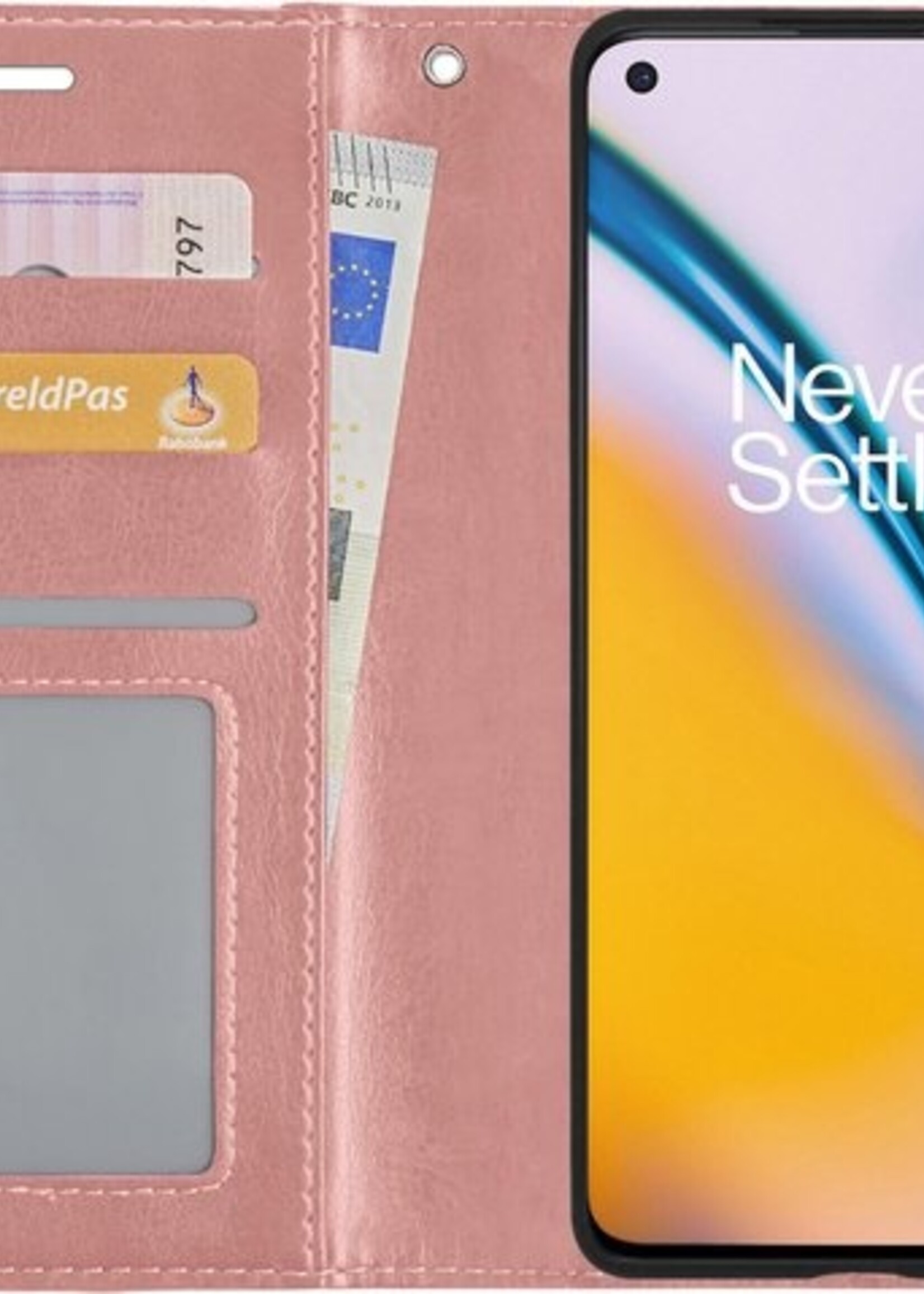 BTH Hoesje Geschikt voor OnePlus Nord 2 Hoesje Book Case Hoes Portemonnee Cover Walletcase Met 2x Screenprotector - Hoes Geschikt voor OnePlus Nord 2 Hoes Bookcase Hoesje - Rosé goud