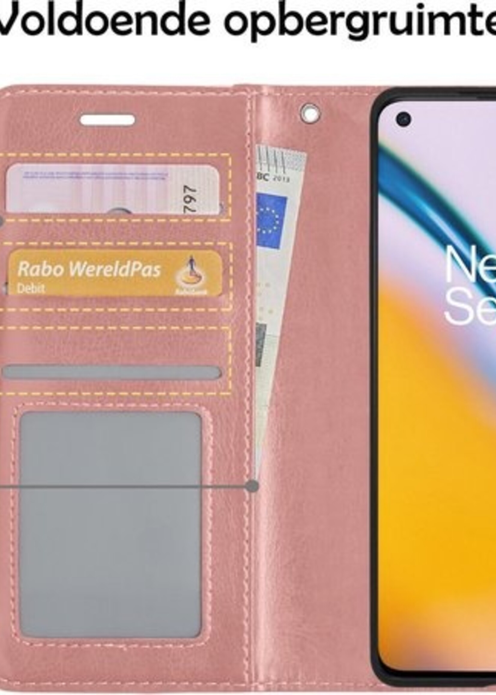 BTH Hoesje Geschikt voor OnePlus Nord 2 Hoesje Book Case Hoes Portemonnee Cover Walletcase Met 2x Screenprotector - Hoes Geschikt voor OnePlus Nord 2 Hoes Bookcase Hoesje - Rosé goud
