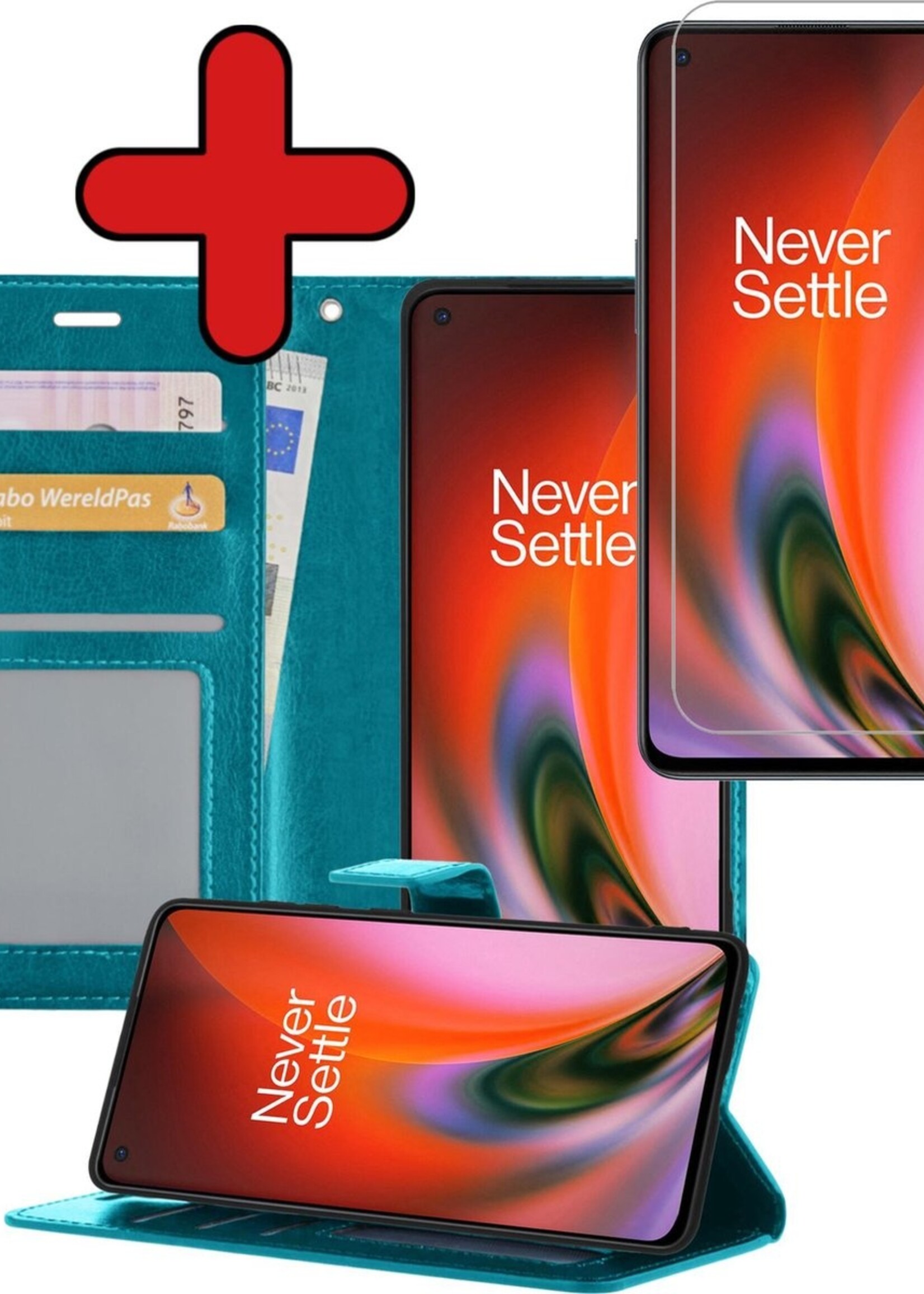 BTH Hoesje Geschikt voor OnePlus Nord 2 Hoesje Book Case Hoes Portemonnee Cover Walletcase Met Screenprotector - Hoes Geschikt voor OnePlus Nord 2 Hoes Bookcase Hoesje - Turquoise