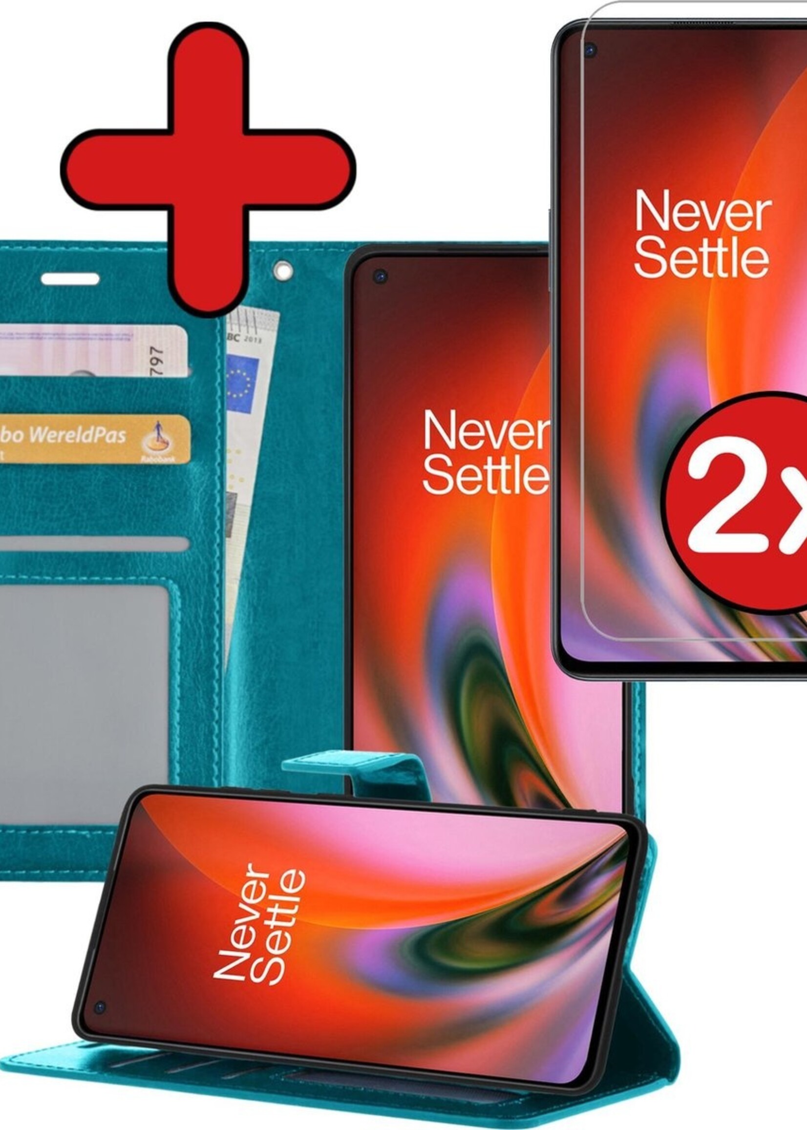 BTH Hoesje Geschikt voor OnePlus Nord 2 Hoesje Book Case Hoes Portemonnee Cover Walletcase Met 2x Screenprotector - Hoes Geschikt voor OnePlus Nord 2 Hoes Bookcase Hoesje - Turquoise