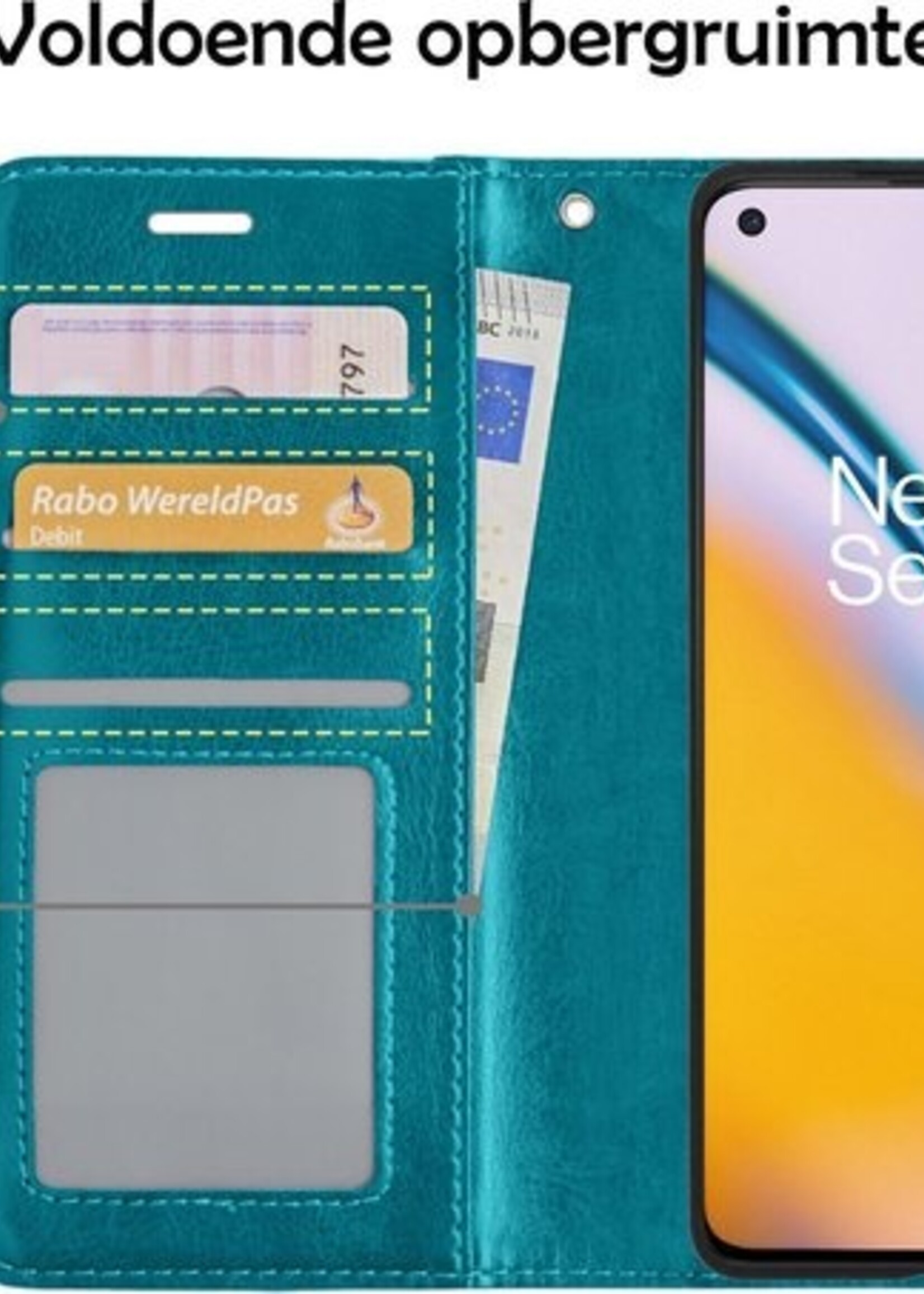 BTH Hoesje Geschikt voor OnePlus Nord 2 Hoesje Book Case Hoes Portemonnee Cover Walletcase Met 2x Screenprotector - Hoes Geschikt voor OnePlus Nord 2 Hoes Bookcase Hoesje - Turquoise