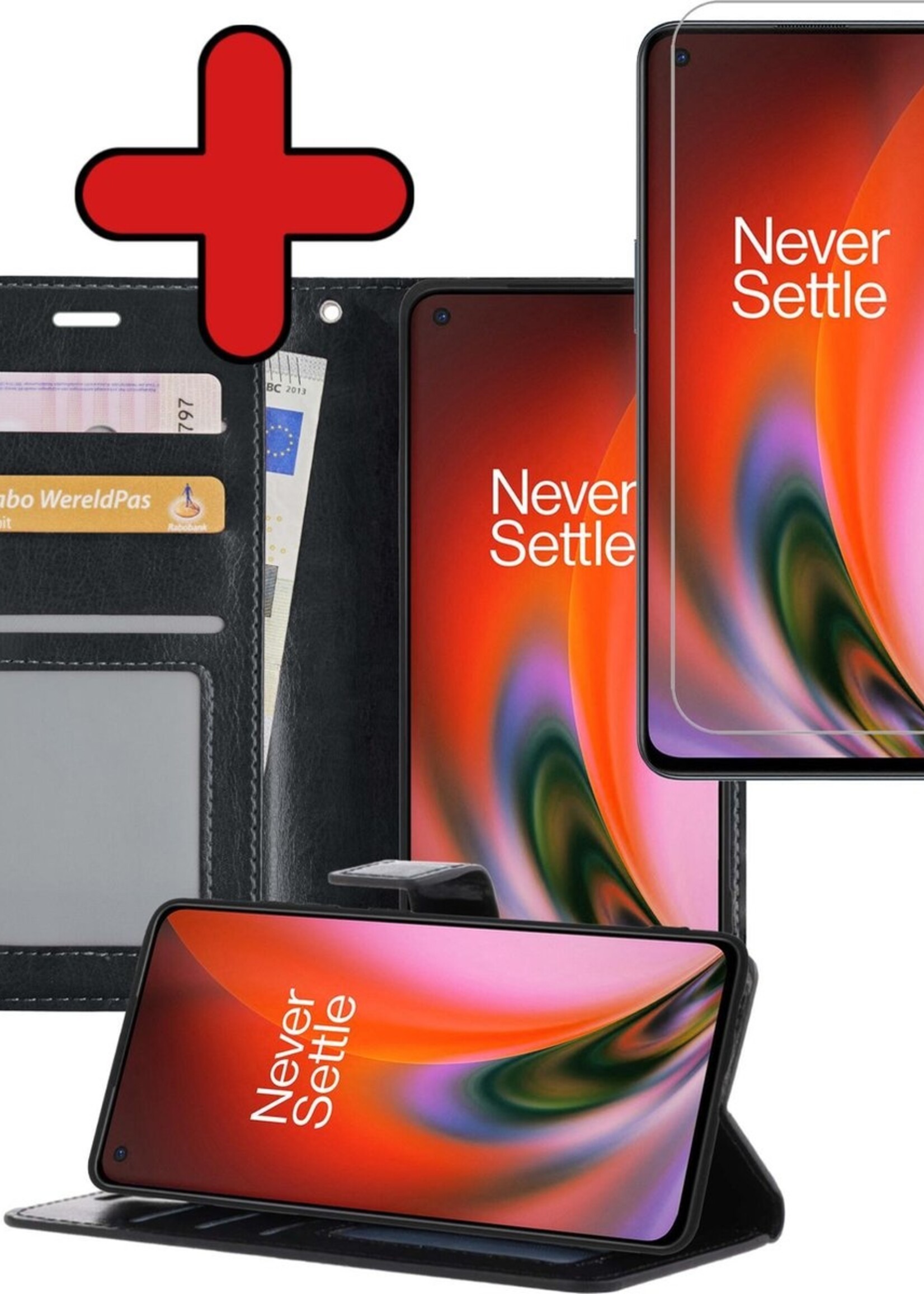 BTH Hoesje Geschikt voor OnePlus Nord 2 Hoesje Book Case Hoes Portemonnee Cover Walletcase Met Screenprotector - Hoes Geschikt voor OnePlus Nord 2 Hoes Bookcase Hoesje - Zwart