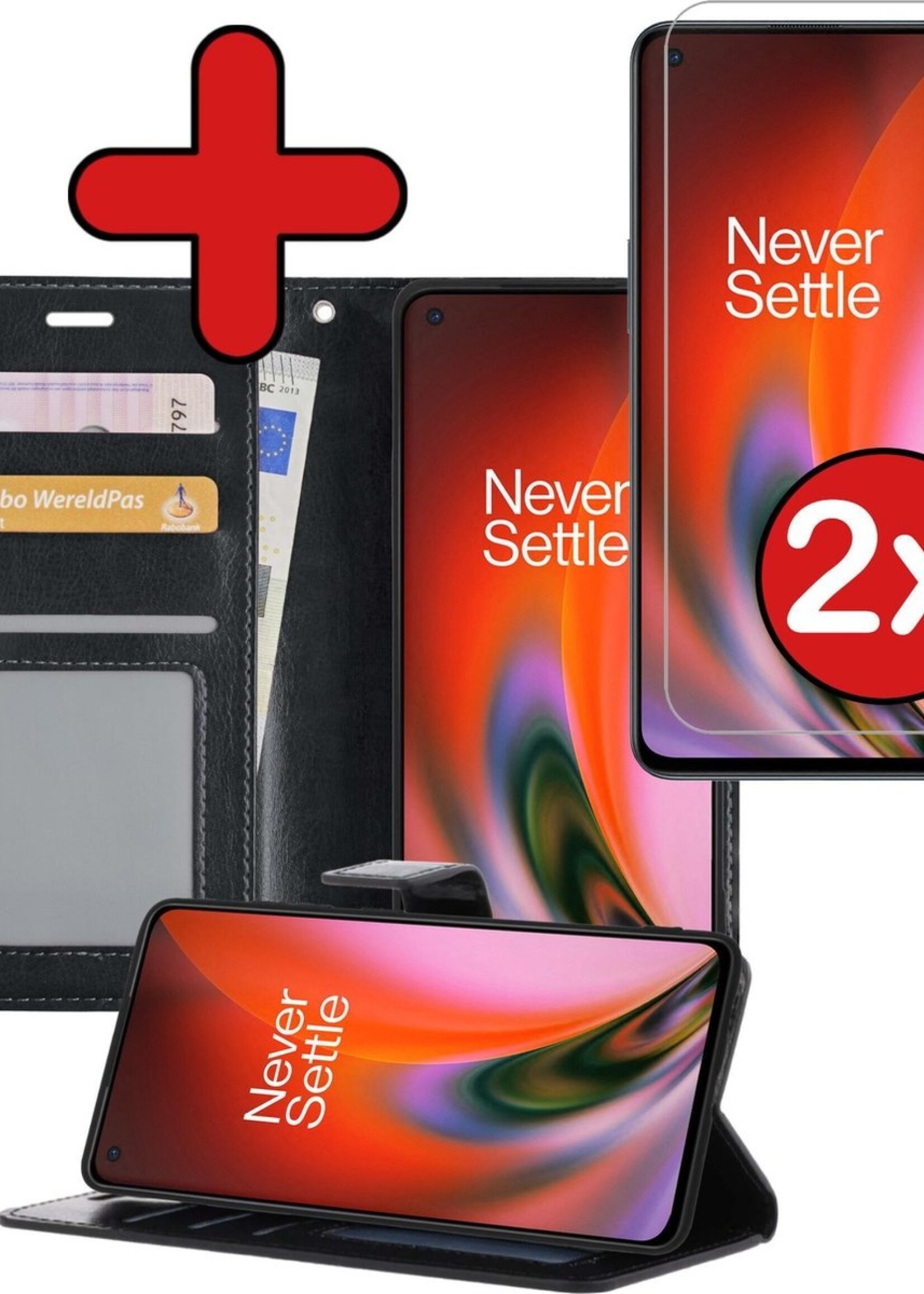 BTH Hoesje Geschikt voor OnePlus Nord 2 Hoesje Book Case Hoes Portemonnee Cover Walletcase Met 2x Screenprotector - Hoes Geschikt voor OnePlus Nord 2 Hoes Bookcase Hoesje - Zwart