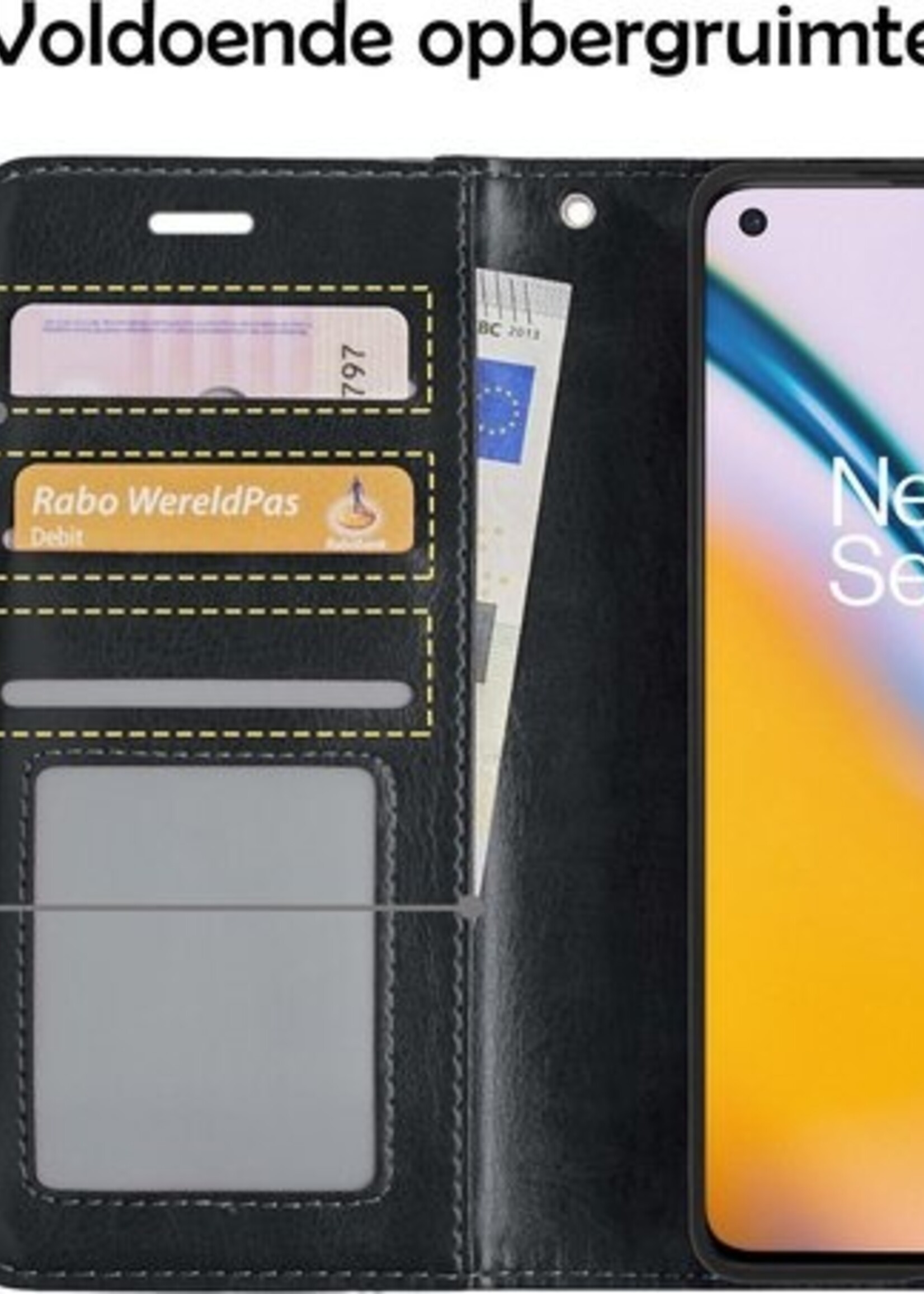BTH Hoesje Geschikt voor OnePlus Nord 2 Hoesje Book Case Hoes Portemonnee Cover Walletcase Met 2x Screenprotector - Hoes Geschikt voor OnePlus Nord 2 Hoes Bookcase Hoesje - Zwart