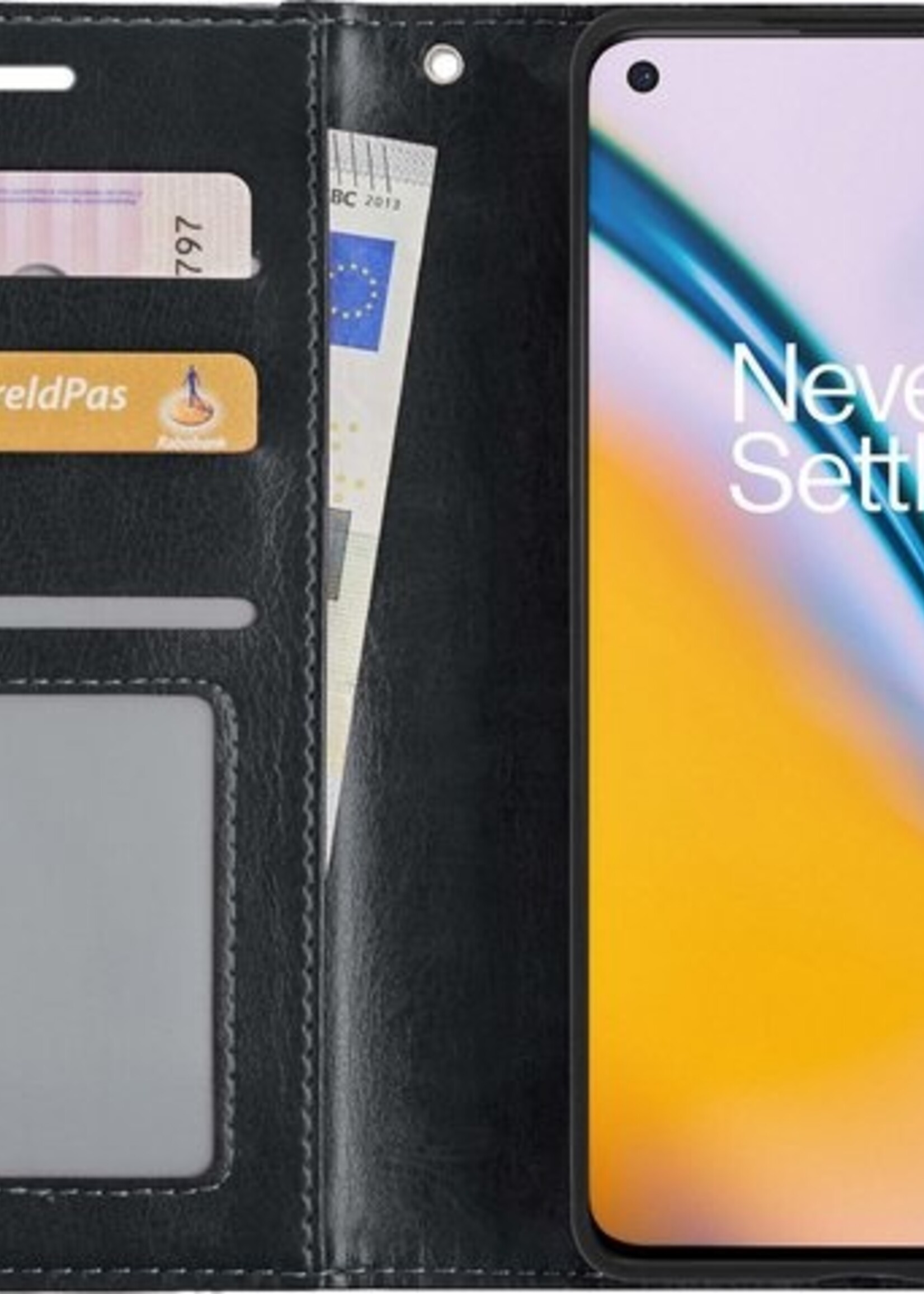 BTH Hoesje Geschikt voor OnePlus Nord 2 Hoesje Book Case Hoes Portemonnee Cover Walletcase Met 2x Screenprotector - Hoes Geschikt voor OnePlus Nord 2 Hoes Bookcase Hoesje - Zwart