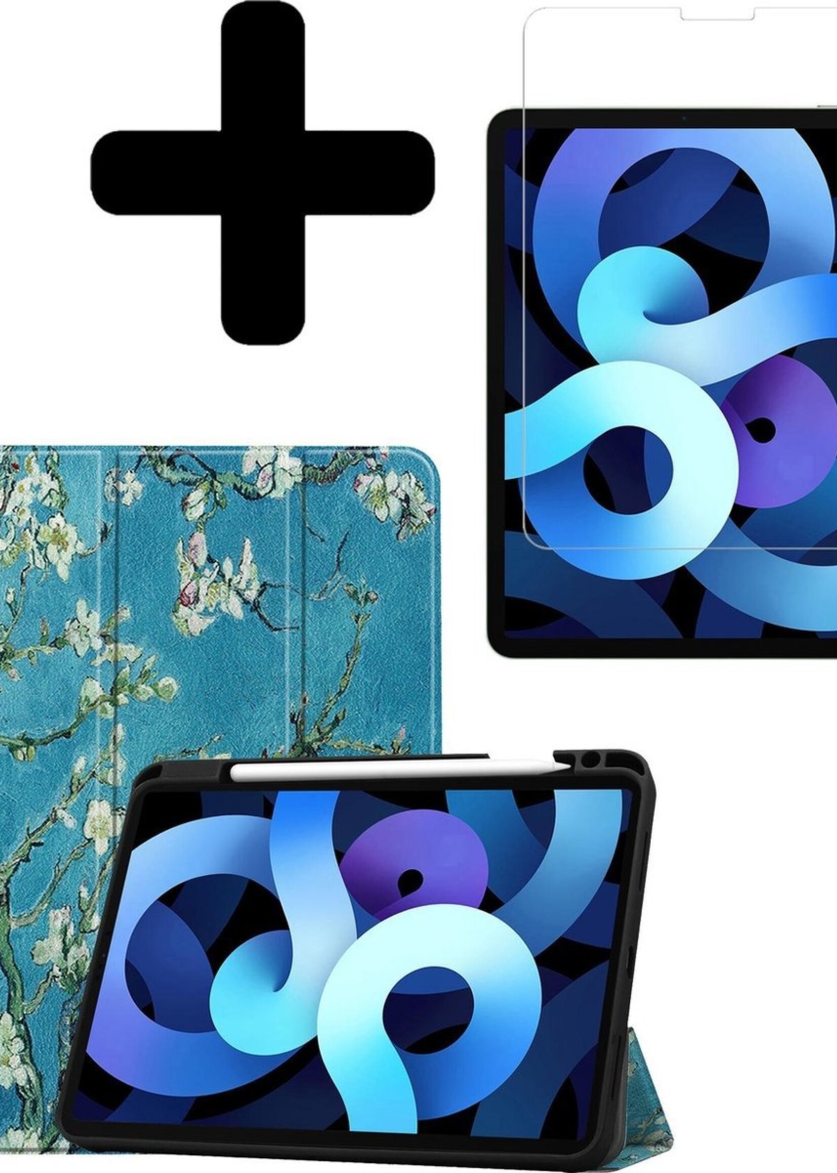 BTH Hoes Geschikt voor iPad Air 2020 Hoes Book Case Hoesje Trifold Cover Met Uitsparing Geschikt voor Apple Pencil Met Screenprotector - Hoesje Geschikt voor iPad Air 4 2020 Hoesje Bookcase - Bloesem
