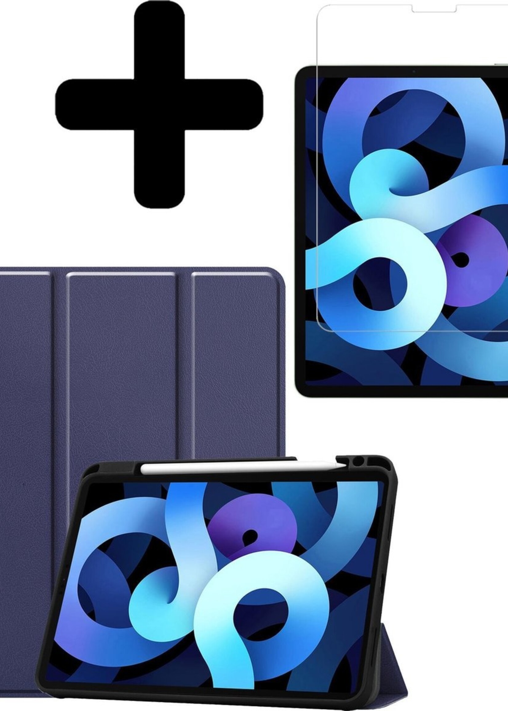BTH Hoes Geschikt voor iPad Air 2020 Hoes Book Case Hoesje Trifold Cover Met Uitsparing Geschikt voor Apple Pencil Met Screenprotector - Hoesje Geschikt voor iPad Air 4 2020 Hoesje Bookcase - Donkerblauw