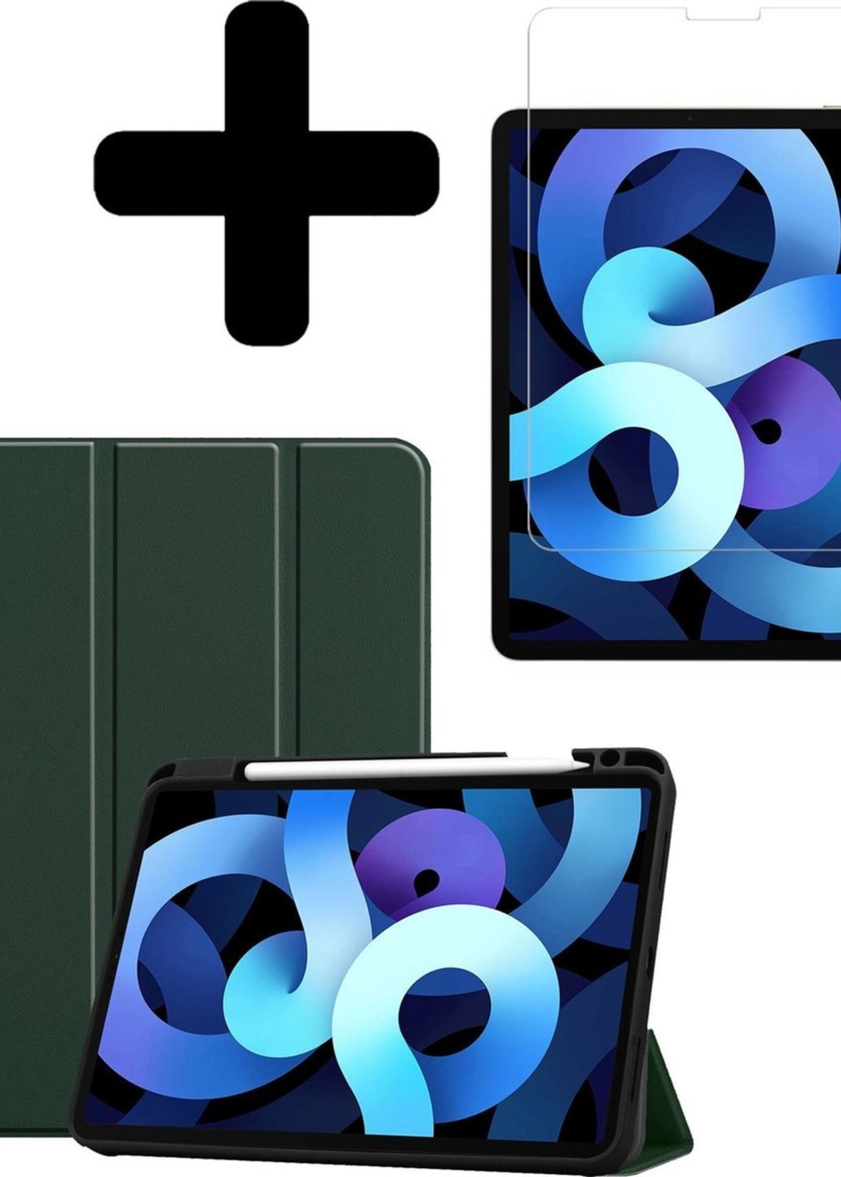 BTH Hoes Geschikt voor iPad Air 2020 Hoes Book Case Hoesje Trifold Cover Met Uitsparing Geschikt voor Apple Pencil Met Screenprotector - Hoesje Geschikt voor iPad Air 4 2020 Hoesje Bookcase - Donkergroen