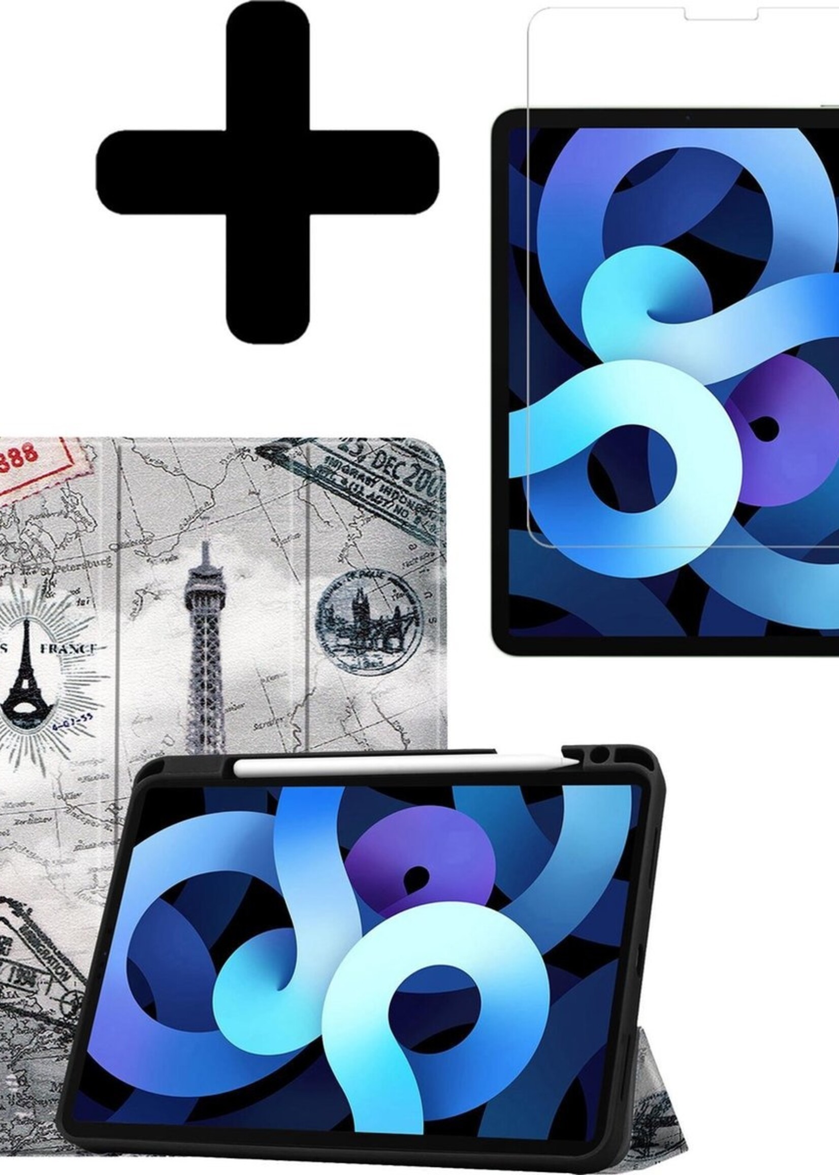 BTH Hoes Geschikt voor iPad Air 2020 Hoes Book Case Hoesje Trifold Cover Met Uitsparing Geschikt voor Apple Pencil Met Screenprotector - Hoesje Geschikt voor iPad Air 4 2020 Hoesje Bookcase - Eiffeltoren