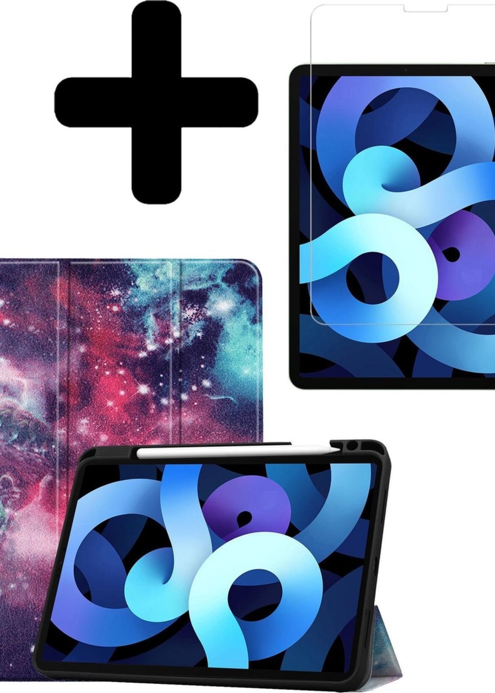 BTH Hoes Geschikt voor iPad Air 2020 Hoes Book Case Hoesje Trifold Cover Met Uitsparing Geschikt voor Apple Pencil Met Screenprotector - Hoesje Geschikt voor iPad Air 4 2020 Hoesje Bookcase - Galaxy