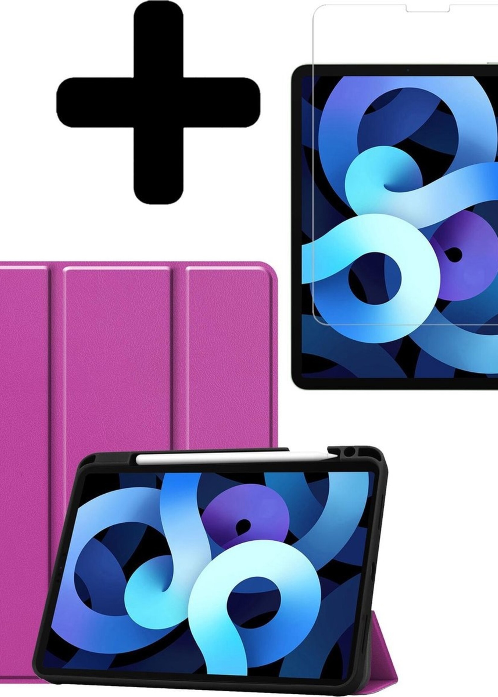 BTH Hoes Geschikt voor iPad Air 2020 Hoes Book Case Hoesje Trifold Cover Met Uitsparing Geschikt voor Apple Pencil Met Screenprotector - Hoesje Geschikt voor iPad Air 4 2020 Hoesje Bookcase - Paars