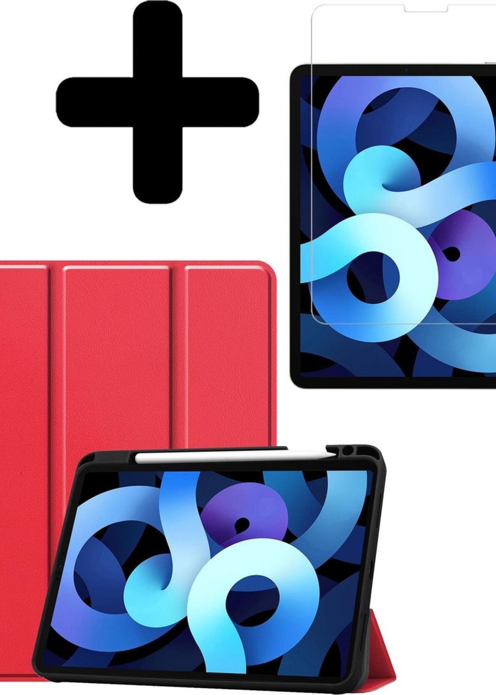 BTH Hoes Geschikt voor iPad Air 2020 Hoes Book Case Hoesje Trifold Cover Met Uitsparing Geschikt voor Apple Pencil Met Screenprotector - Hoesje Geschikt voor iPad Air 4 2020 Hoesje Bookcase - Rood