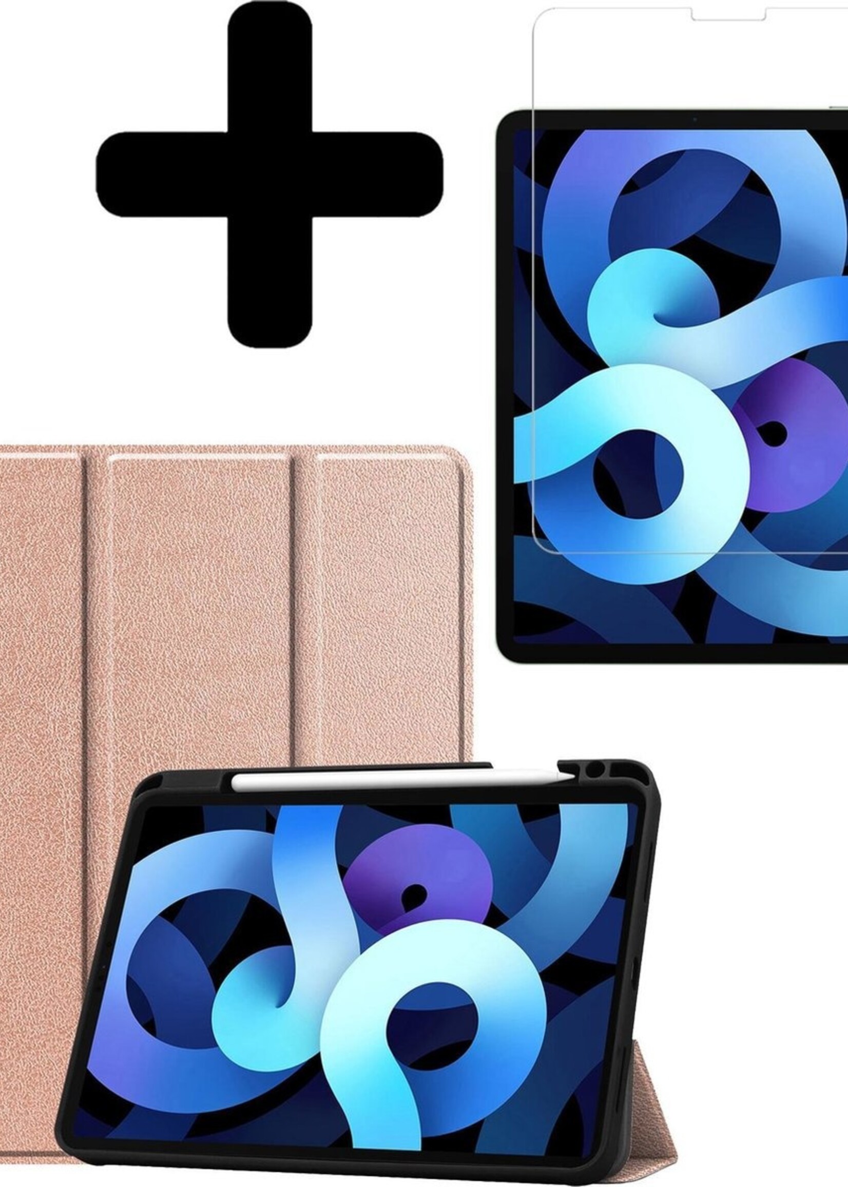 BTH Hoes Geschikt voor iPad Air 2020 Hoes Book Case Hoesje Trifold Cover Met Uitsparing Geschikt voor Apple Pencil Met Screenprotector - Hoesje Geschikt voor iPad Air 4 2020 Hoesje Bookcase - Rosé goud