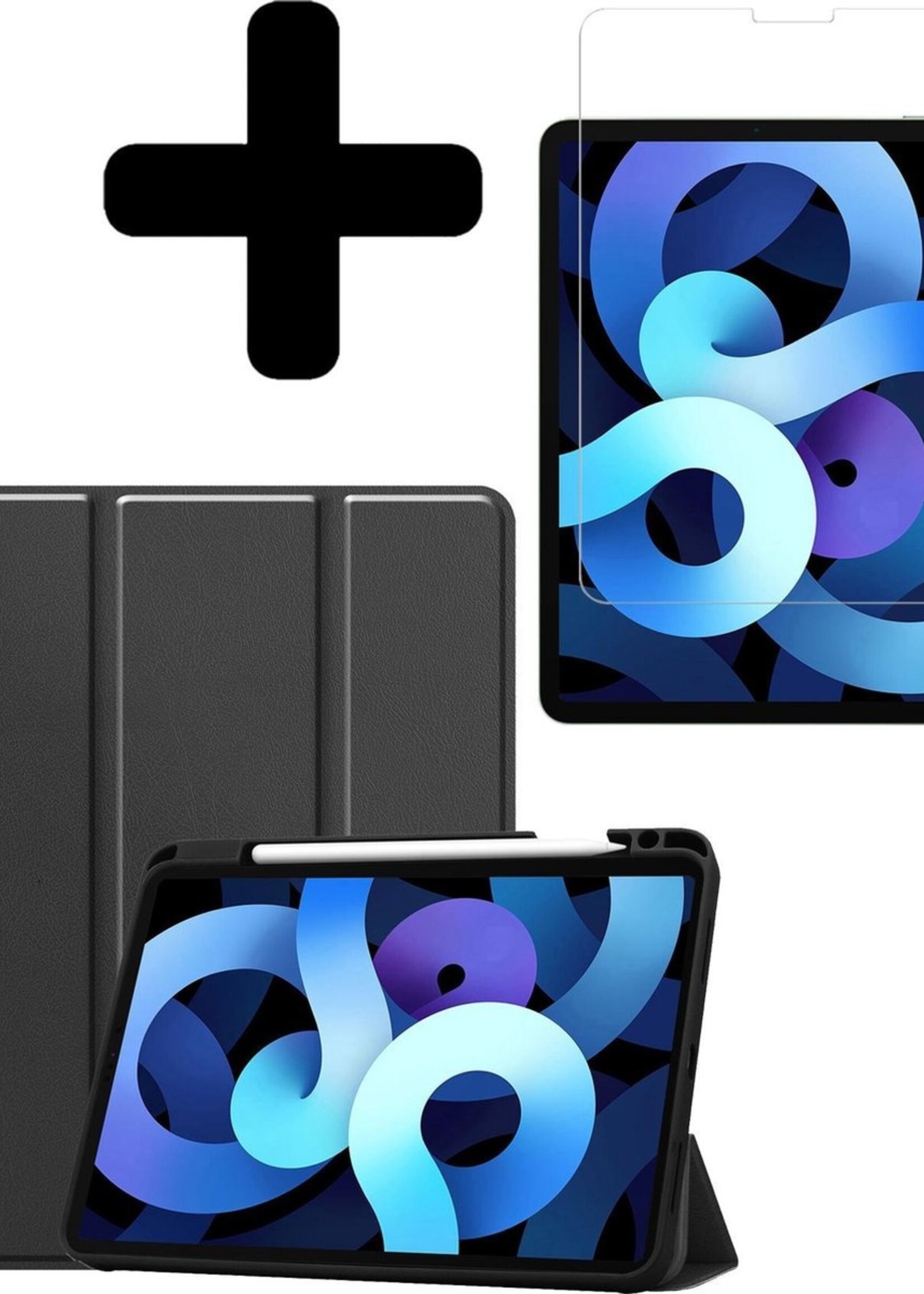 BTH Hoes Geschikt voor iPad Air 2020 Hoes Book Case Hoesje Trifold Cover Met Uitsparing Geschikt voor Apple Pencil Met Screenprotector - Hoesje Geschikt voor iPad Air 4 2020 Hoesje Bookcase - Zwart