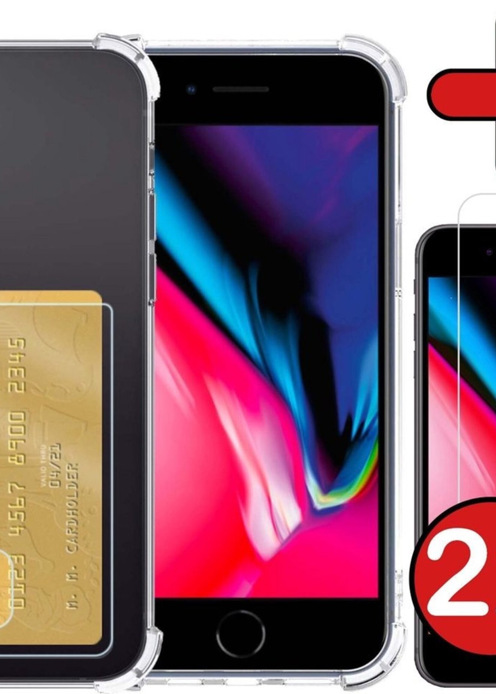 BTH Hoesje Geschikt voor iPhone 8 Hoesje Met Pasjeshouder Siliconen Case Met Kaarthouder Met 2x Screenprotector - Hoes Geschikt voor iPhone 8 Hoesje Shock Proof Case - Transparant