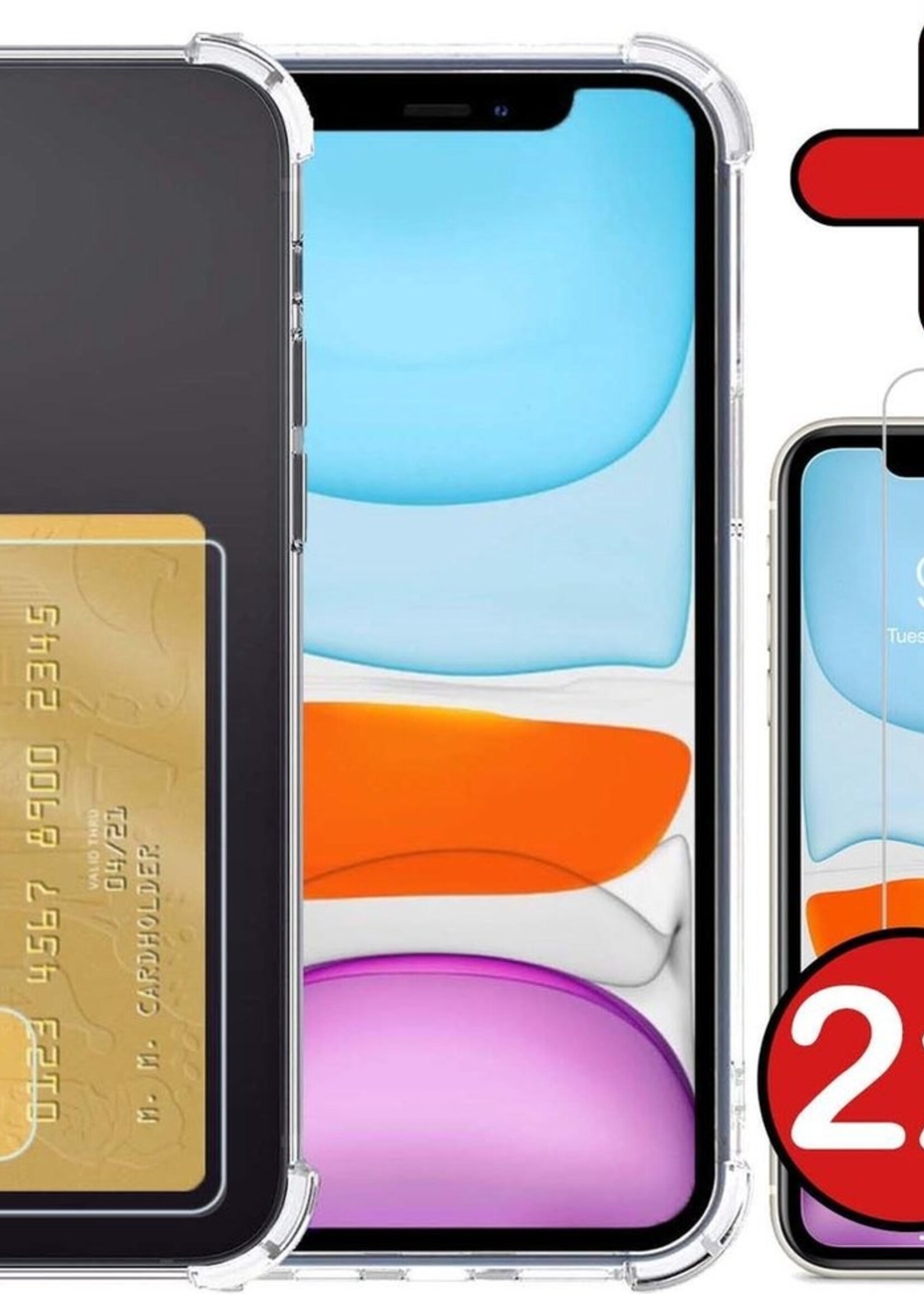 BTH Hoesje Geschikt voor iPhone XR Hoesje Met Pasjeshouder Siliconen Case Met Kaarthouder Met 2x Screenprotector - Hoes Geschikt voor iPhone XR Hoesje Shock Proof Case - Transparant
