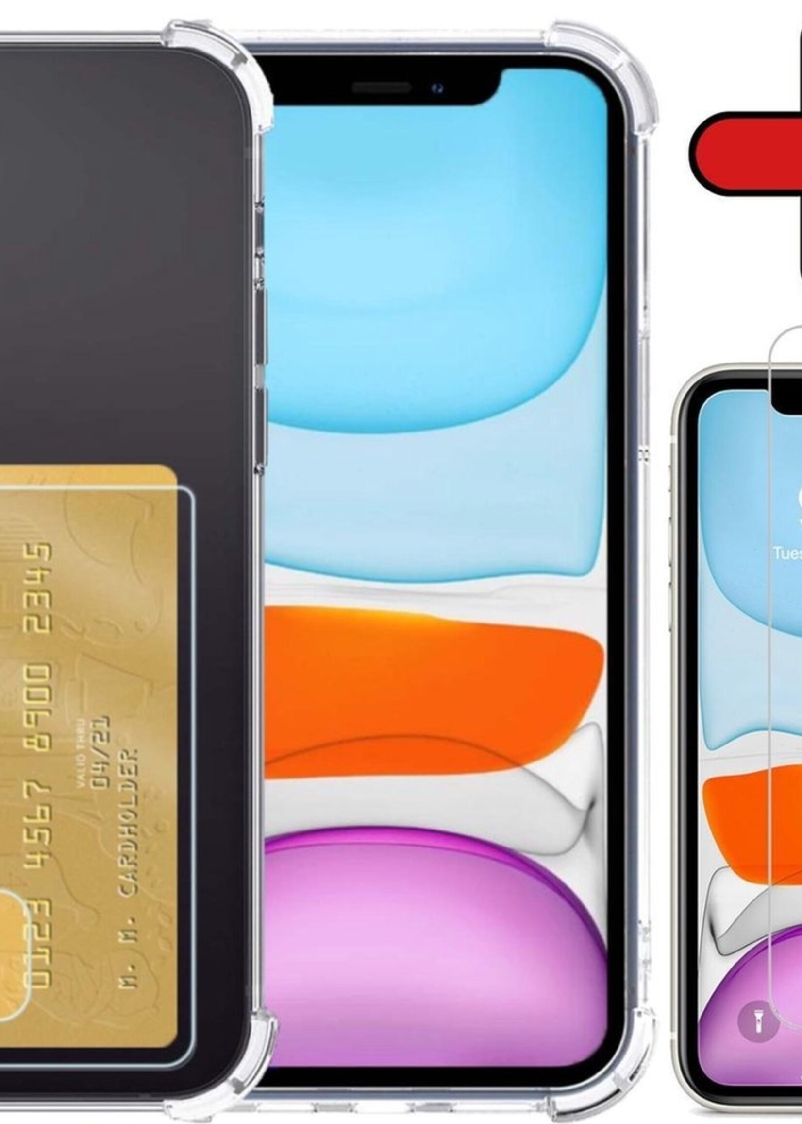 BTH Hoesje Geschikt voor iPhone 11 Hoesje Met Pasjeshouder Siliconen Case Met Kaarthouder Met Screenprotector - Hoes Geschikt voor iPhone 11 Hoesje Shock Proof Case - Transparant