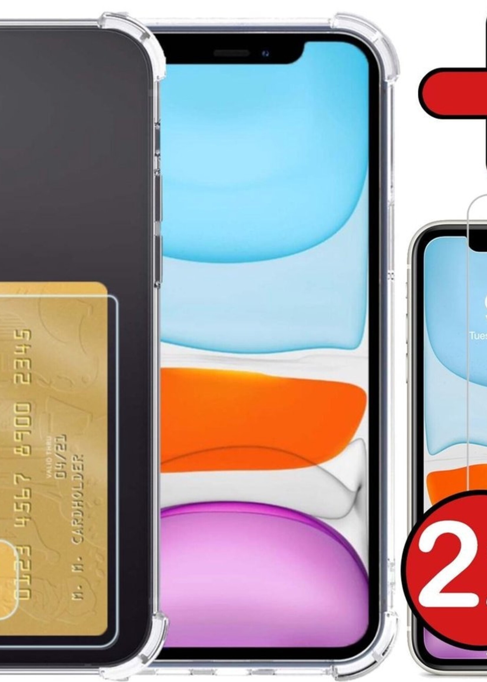 BTH Hoesje Geschikt voor iPhone 11 Hoesje Met Pasjeshouder Siliconen Case Met Kaarthouder Met 2x Screenprotector - Hoes Geschikt voor iPhone 11 Hoesje Shock Proof Case - Transparant