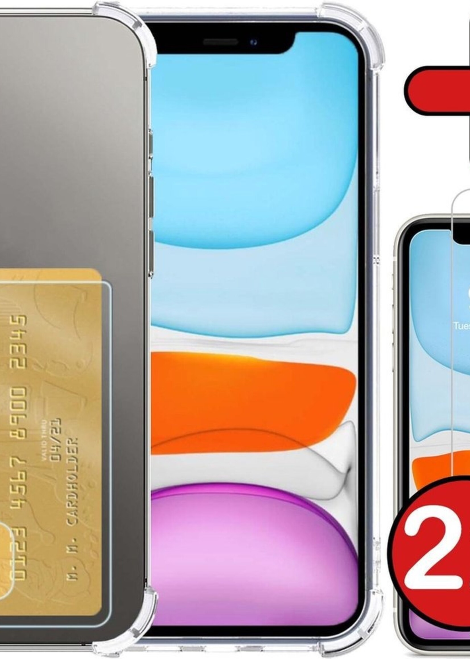 BTH Hoesje Geschikt voor iPhone 11 Pro Max Hoesje Met Pasjeshouder Siliconen Case Met Kaarthouder Met 2x Screenprotector - Hoes Geschikt voor iPhone 11 Pro Max Hoesje Shock Proof Case - Transparant