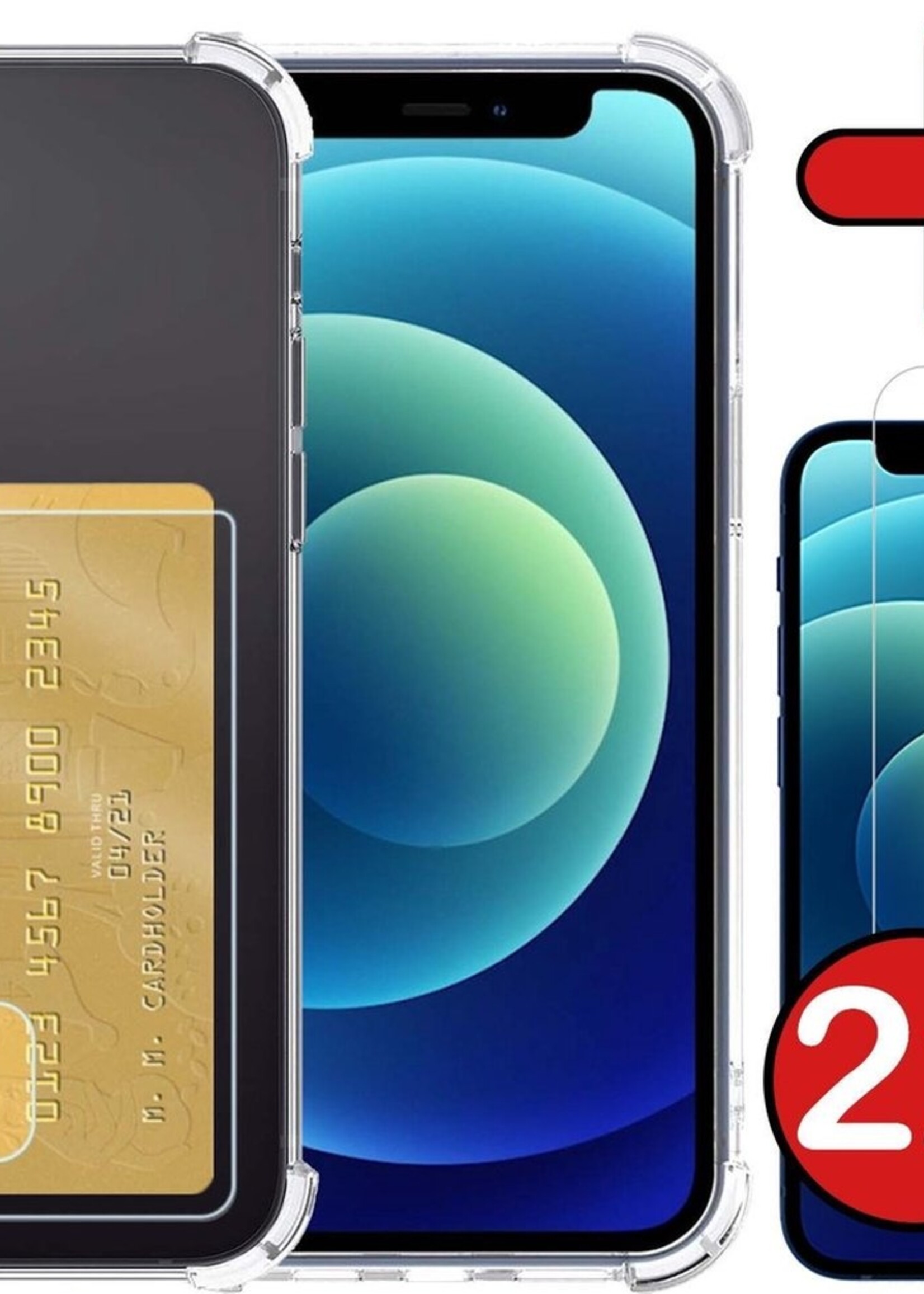 BTH Hoesje Geschikt voor iPhone 12 Mini Hoesje Met Pasjeshouder Siliconen Case Met Kaarthouder Met 2x Screenprotector - Hoes Geschikt voor iPhone 12 Mini Hoesje Shock Proof Case - Transparant