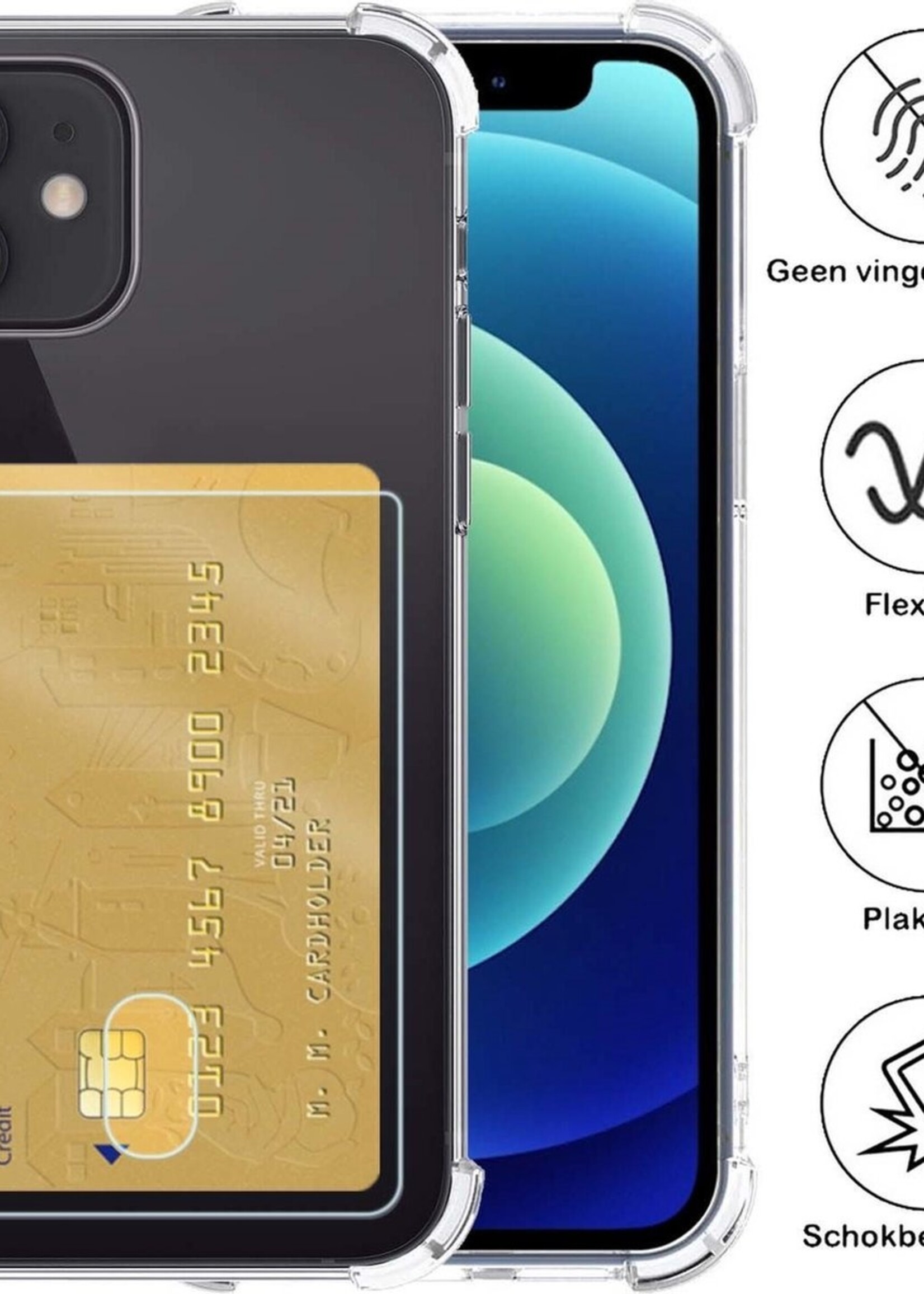 BTH Hoesje Geschikt voor iPhone 12 Hoesje Met Pasjeshouder Siliconen Case Met Kaarthouder Met 2x Screenprotector - Hoes Geschikt voor iPhone 12 Hoesje Shock Proof Case - Transparant