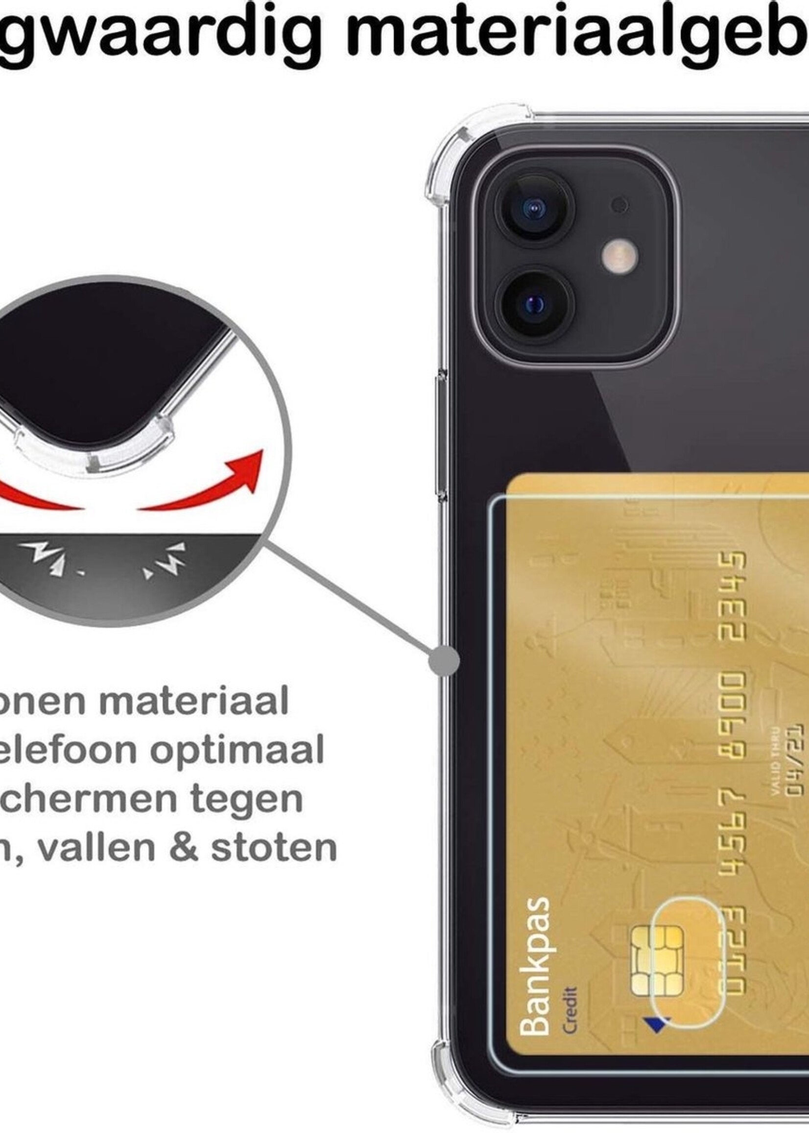 BTH Hoesje Geschikt voor iPhone 12 Hoesje Met Pasjeshouder Siliconen Case Met Kaarthouder Met 2x Screenprotector - Hoes Geschikt voor iPhone 12 Hoesje Shock Proof Case - Transparant