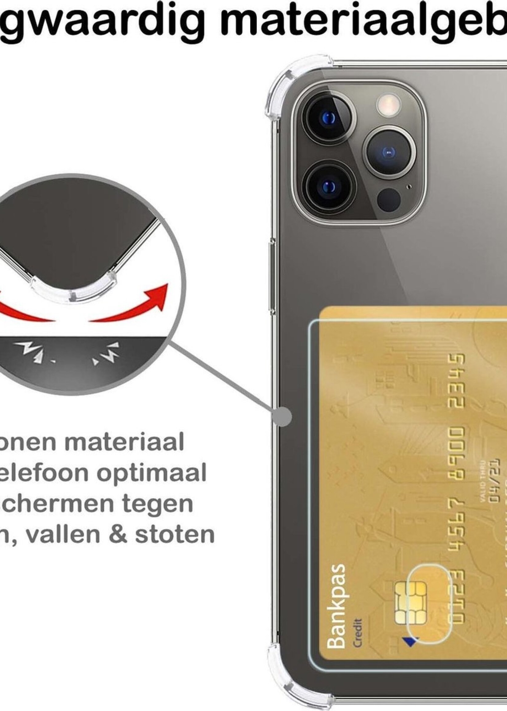 BTH Hoesje Geschikt voor iPhone 12 Pro Hoesje Met Pasjeshouder Siliconen Case Met Kaarthouder Met Screenprotector - Hoes Geschikt voor iPhone 12 Pro Hoesje Shock Proof Case - Transparant