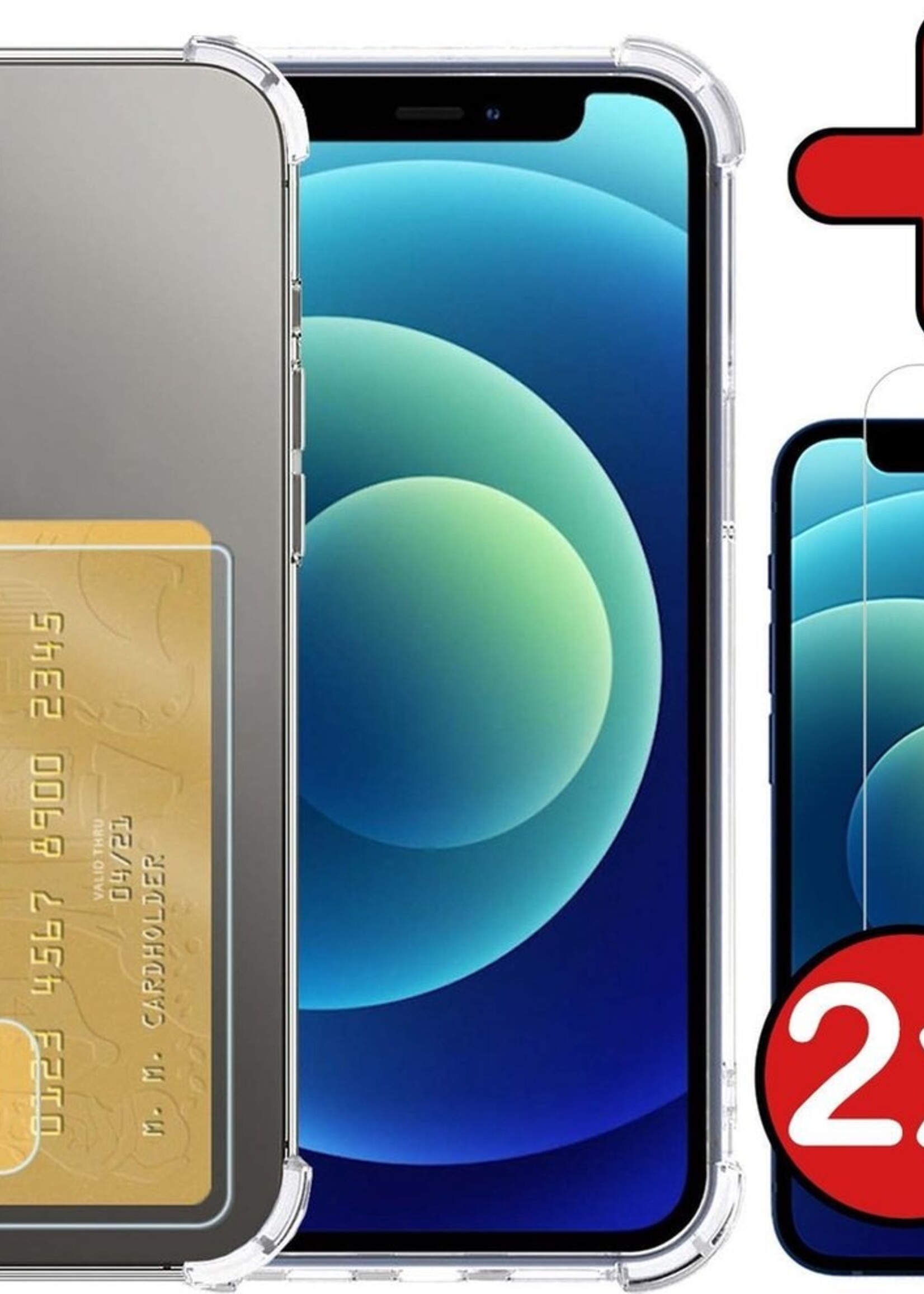 BTH Hoesje Geschikt voor iPhone 12 Pro Max Hoesje Met Pasjeshouder Siliconen Case Met Kaarthouder Met 2x Screenprotector - Hoes Geschikt voor iPhone 12 Pro Max Hoesje Shock Proof Case - Transparant
