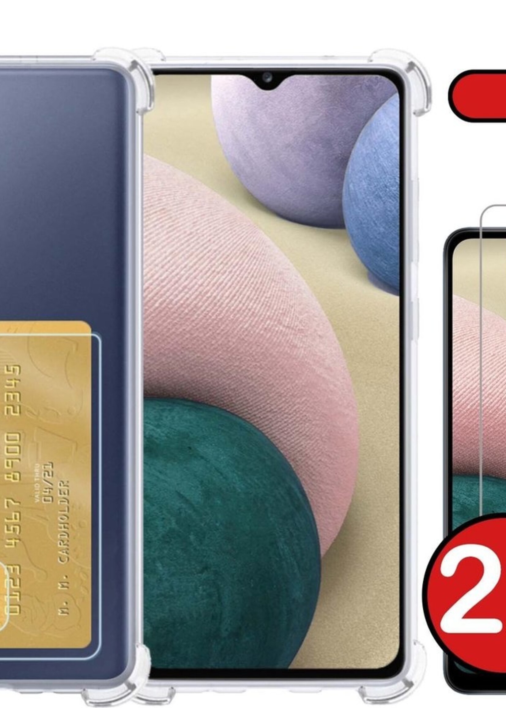 BTH Hoesje Geschikt voor Samsung A12 Hoesje Met Pasjeshouder Siliconen Case Met Kaarthouder Met 2x Screenprotector - Hoes Geschikt voor Samsung Galaxy A12 Hoesje Shock Proof Case - Transparant