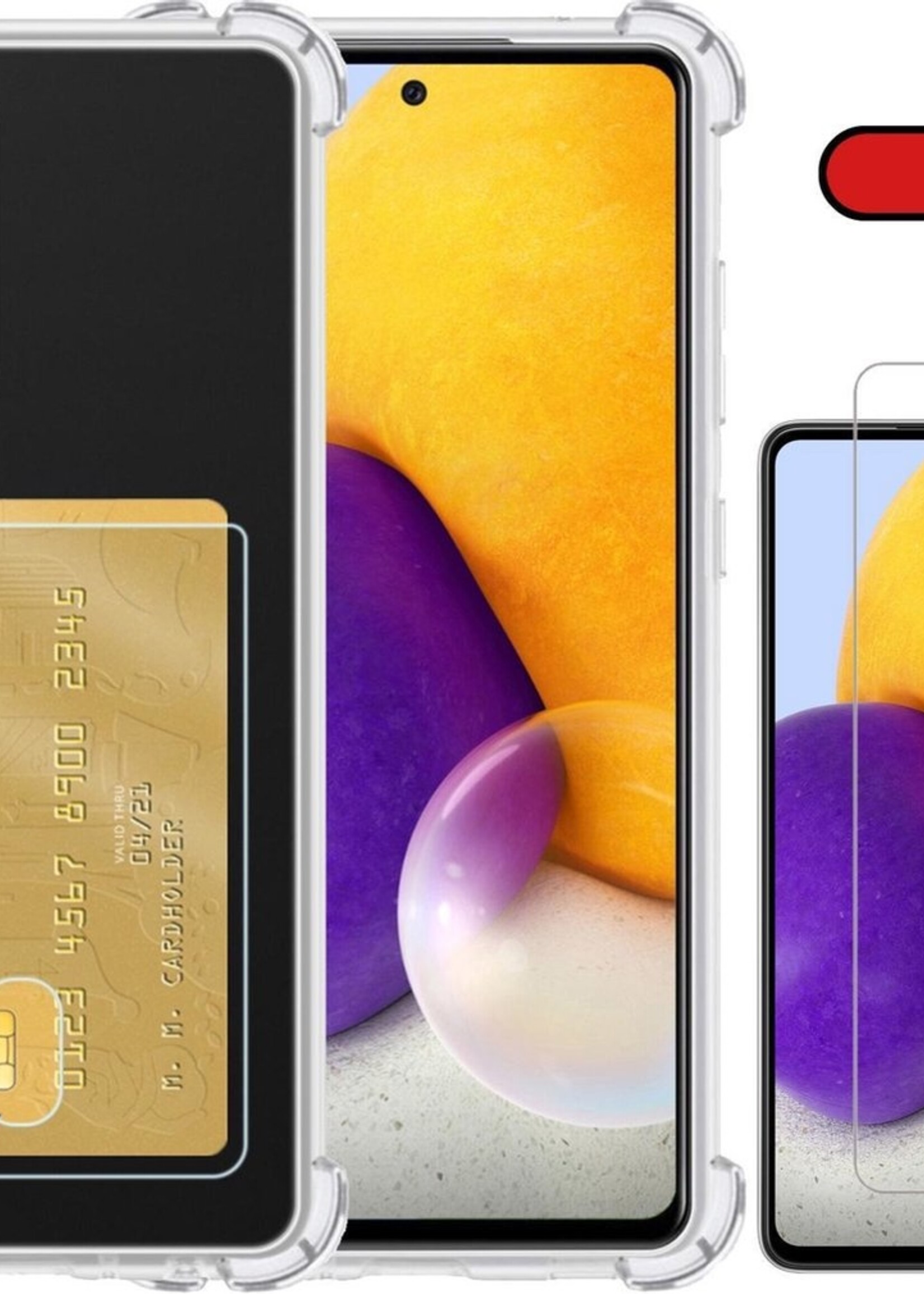 BTH Hoesje Geschikt voor Samsung A72 Hoesje Met Pasjeshouder Siliconen Case Met Kaarthouder Met Screenprotector - Hoes Geschikt voor Samsung Galaxy A72 Hoesje Shock Proof Case - Transparant