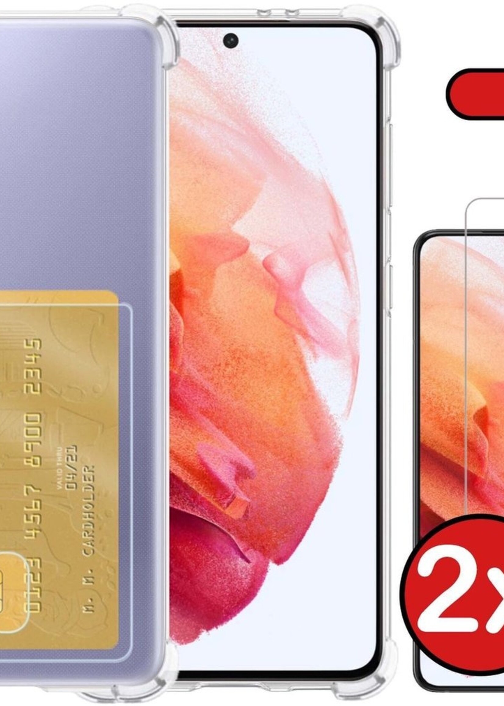 BTH Hoesje Geschikt voor Samsung S21 Hoesje Met Pasjeshouder Siliconen Case Met Kaarthouder Met 2x Screenprotector - Hoes Geschikt voor Samsung Galaxy S21 Hoesje Shock Proof Case - Transparant
