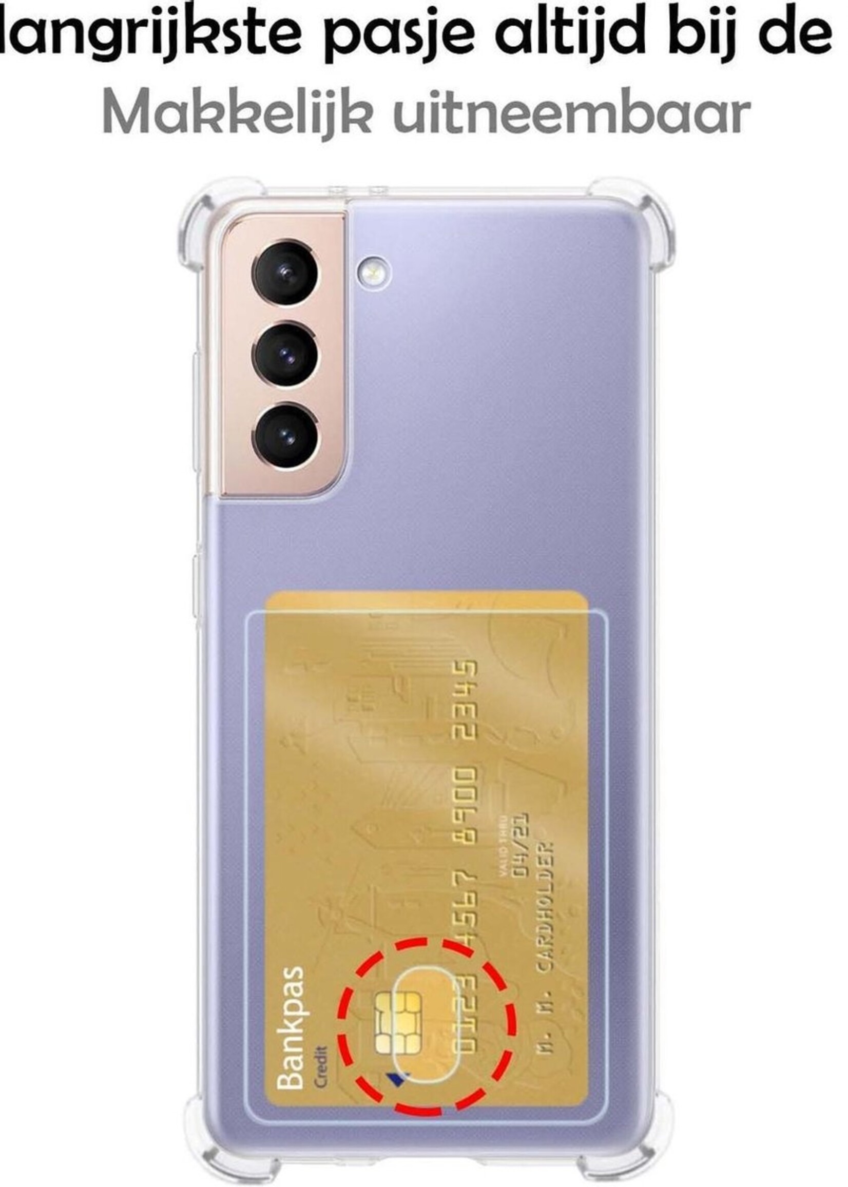 BTH Hoesje Geschikt voor Samsung S21 Plus Hoesje Met Pasjeshouder Siliconen Case Met Kaarthouder Met Screenprotector - Hoes Geschikt voor Samsung Galaxy S21 Plus Hoesje Shock Proof Case - Transparant