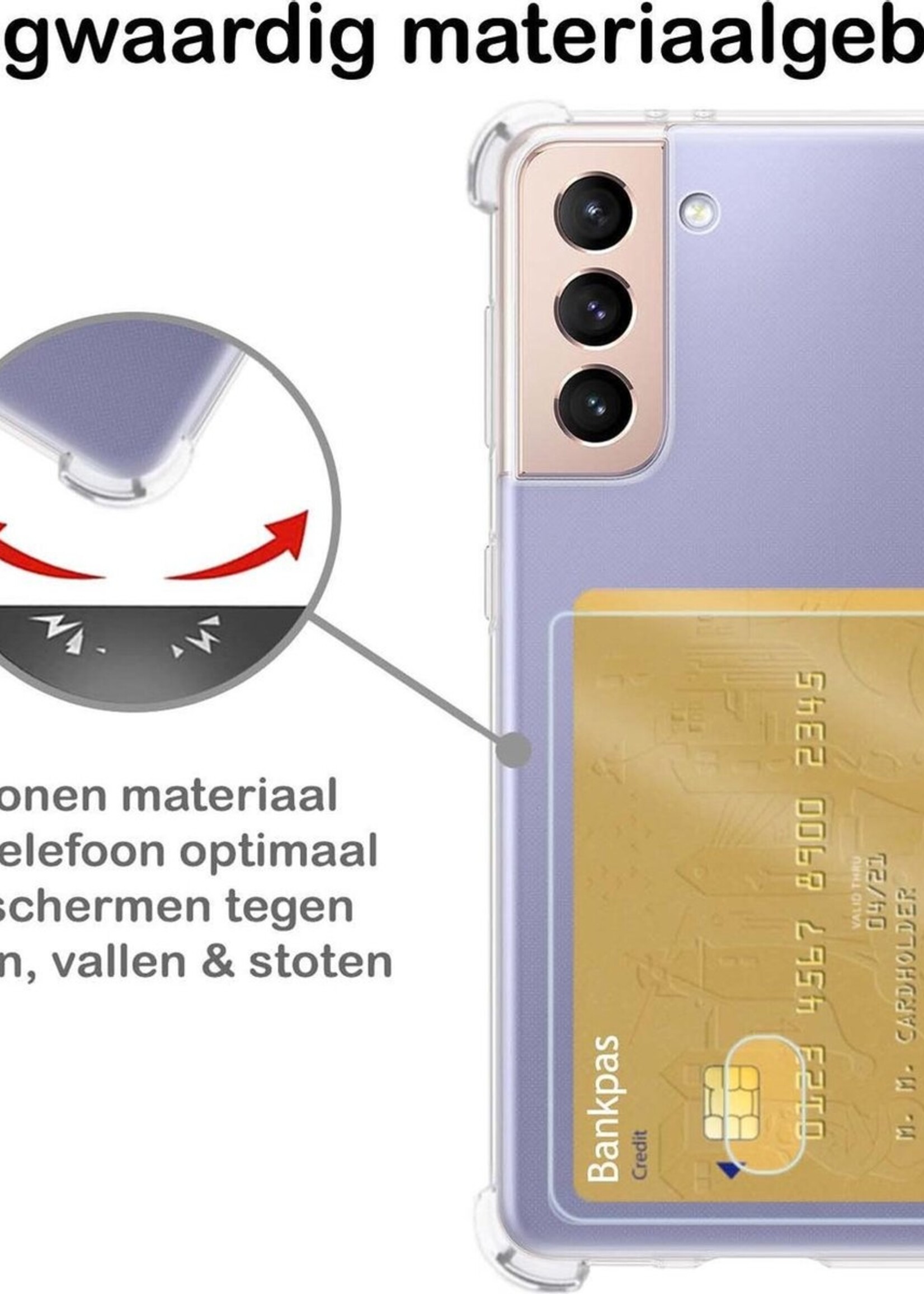 BTH Hoesje Geschikt voor Samsung S21 Plus Hoesje Met Pasjeshouder Siliconen Case Met Kaarthouder Met Screenprotector - Hoes Geschikt voor Samsung Galaxy S21 Plus Hoesje Shock Proof Case - Transparant