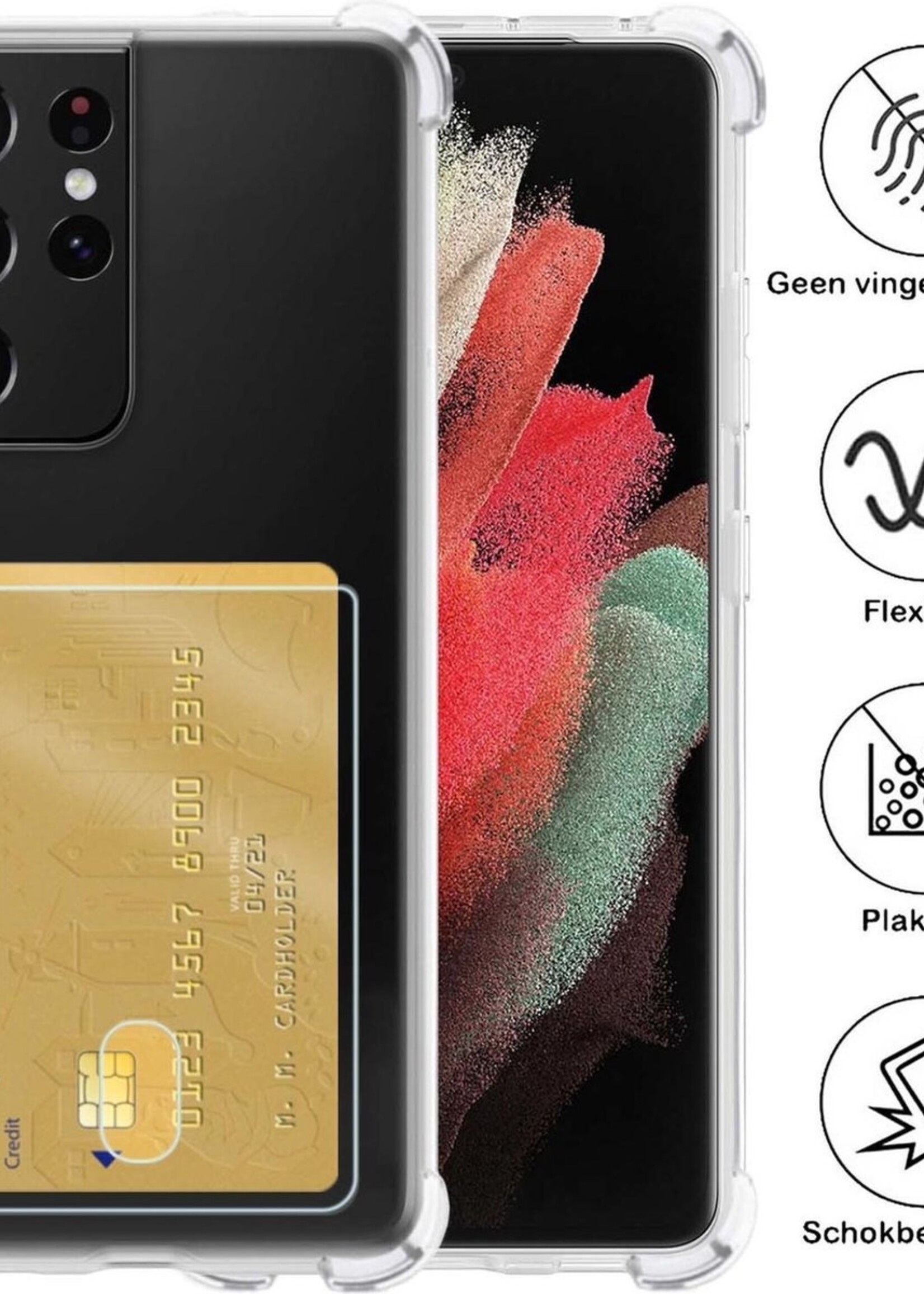 BTH Hoesje Geschikt voor Samsung S21 Ultra Hoesje Met Pasjeshouder Siliconen Case Met Kaarthouder - Hoes Geschikt voor Samsung Galaxy S21 Ultra Hoesje Shock Proof Case - Transparant