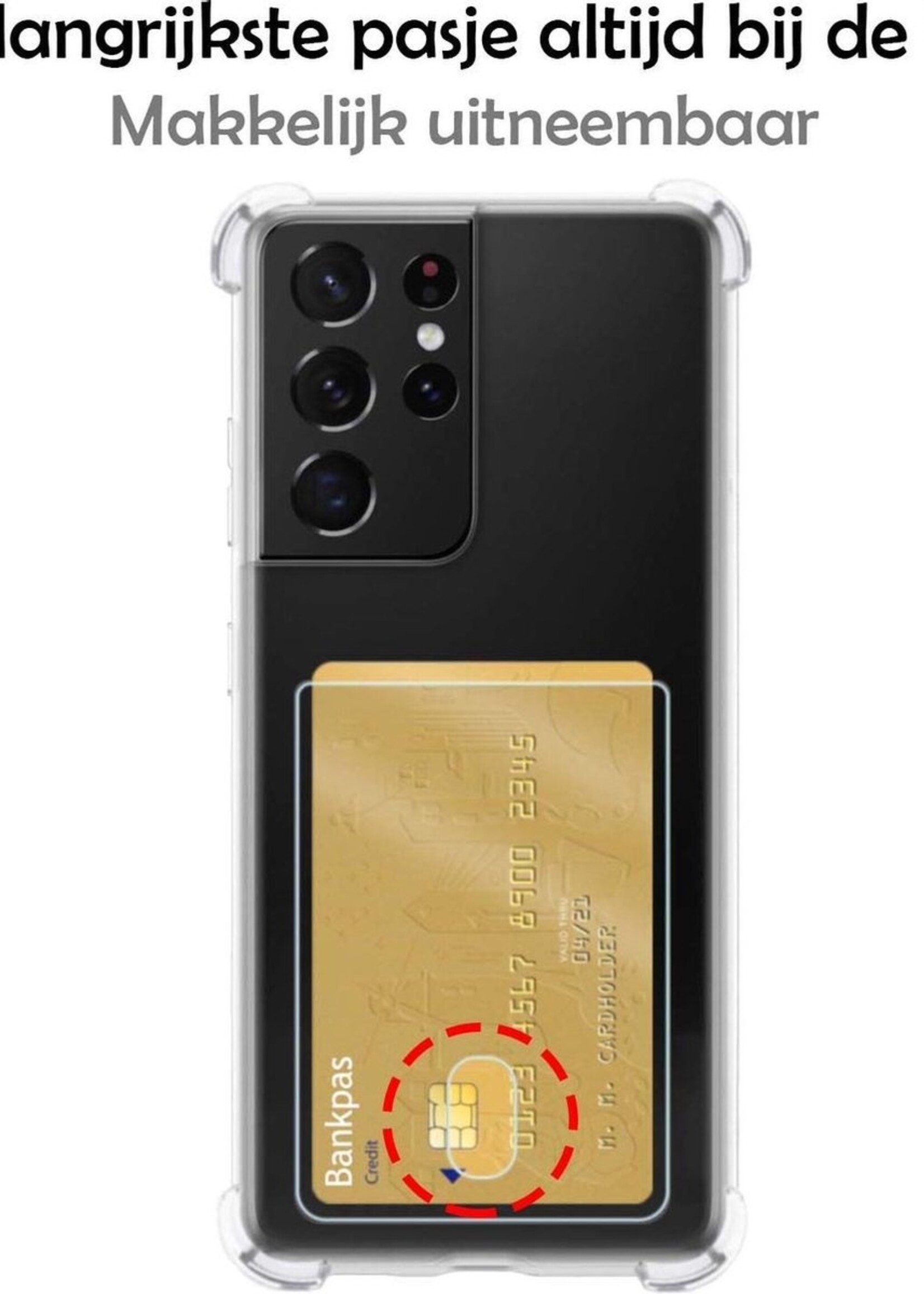 BTH Hoesje Geschikt voor Samsung S21 Ultra Hoesje Met Pasjeshouder Siliconen Case Met Kaarthouder - Hoes Geschikt voor Samsung Galaxy S21 Ultra Hoesje Shock Proof Case - Transparant