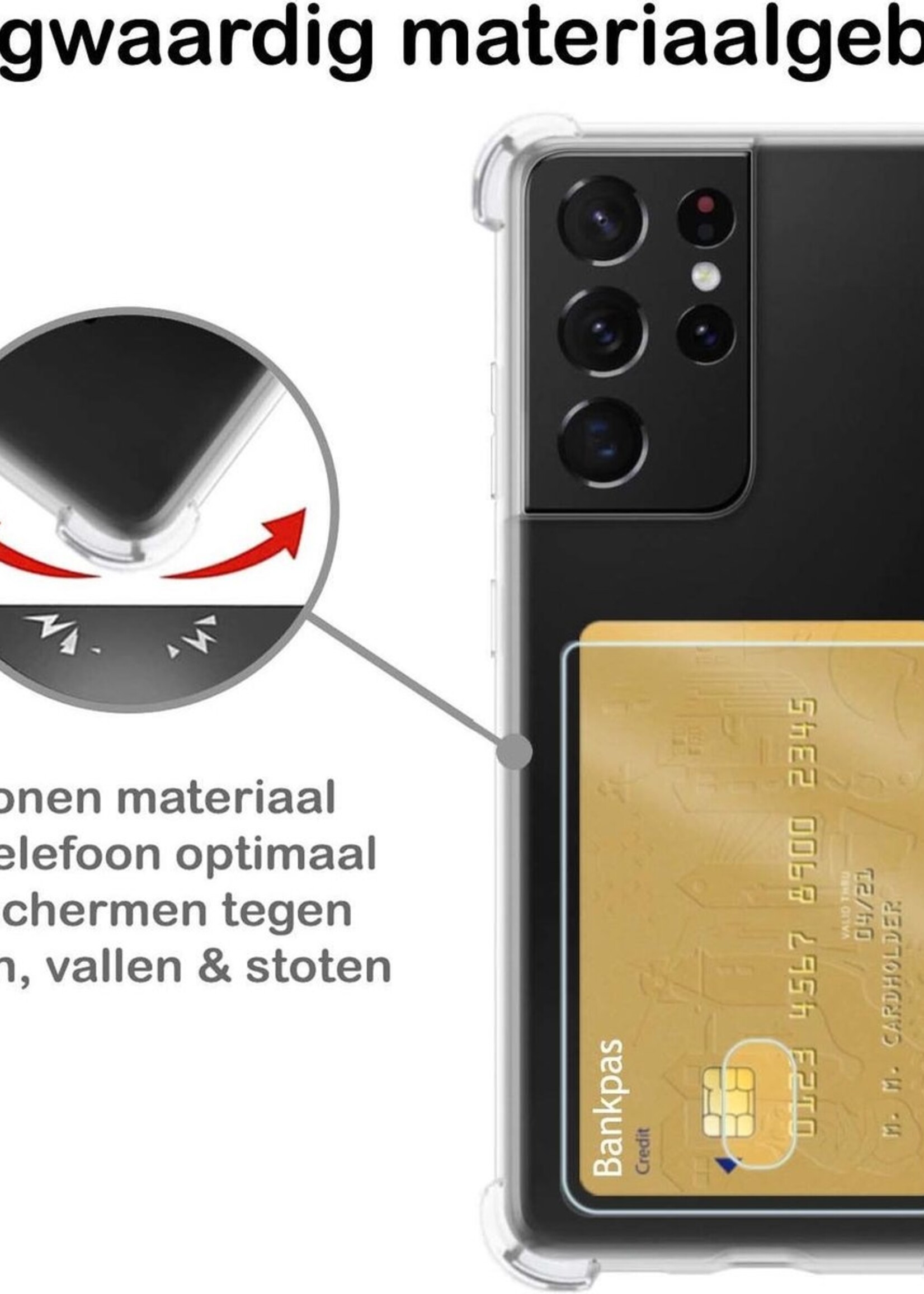 BTH Hoesje Geschikt voor Samsung S21 Ultra Hoesje Met Pasjeshouder Siliconen Case Met Kaarthouder - Hoes Geschikt voor Samsung Galaxy S21 Ultra Hoesje Shock Proof Case - Transparant